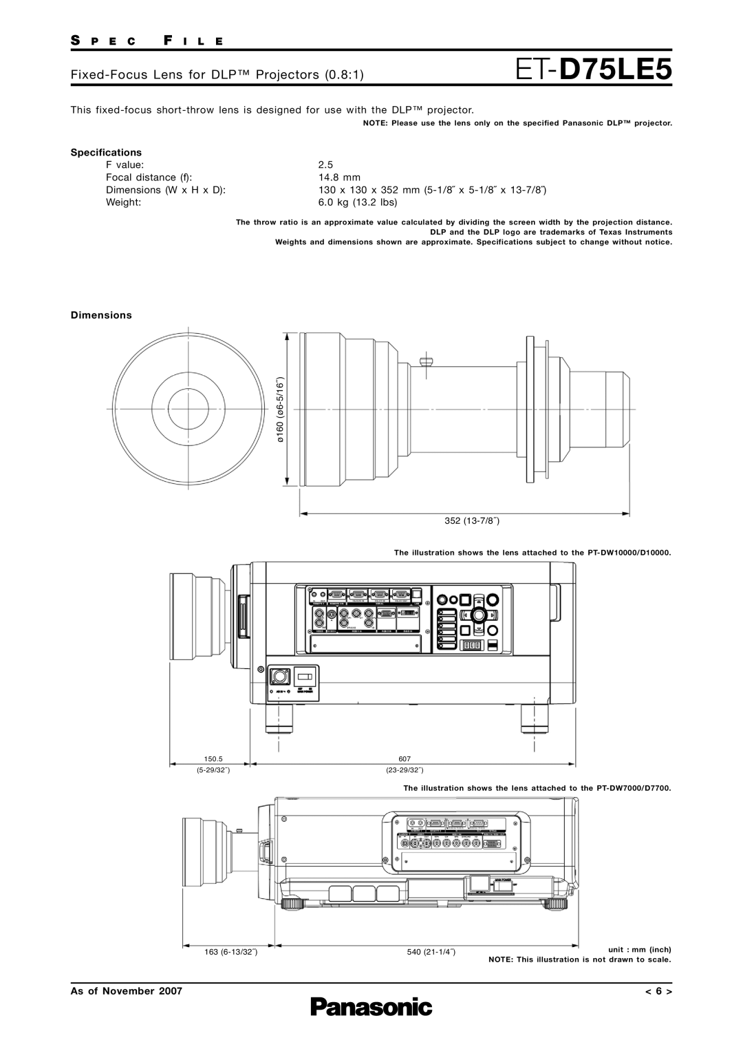 Panasonic ET-D75LE6 specifications ET-D75LE5, Ø160 ø6-5/16˝ 352 13-7/8˝ 