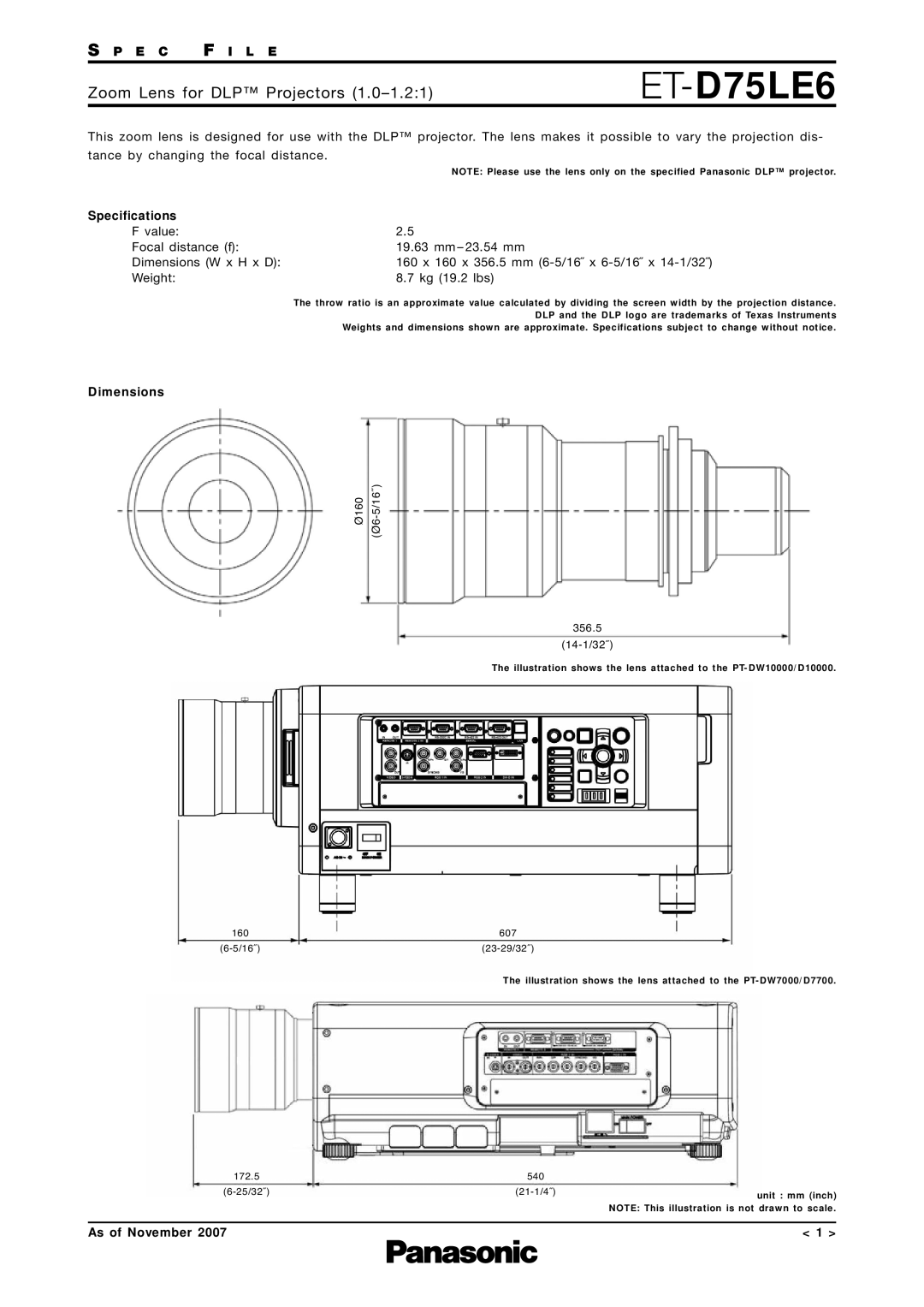 Panasonic ET-D75LE6 specifications Zoom Lens for DLP Projectors, S P E C F I L E, Specifications, Dimensions 