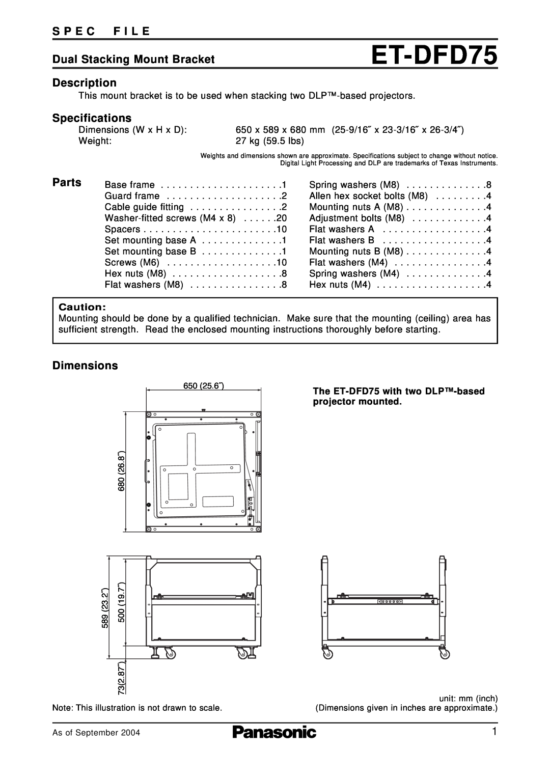 Panasonic ET-DFD75 specifications S P E C F I L E, Dual Stacking Mount Bracket, Description, Specifications, Parts 