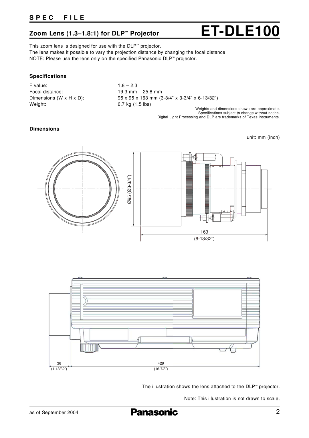 Panasonic ET-DLE050 specifications ET-DLE100, Ø95 Ø3-3/4˝ 163 13/32˝ 