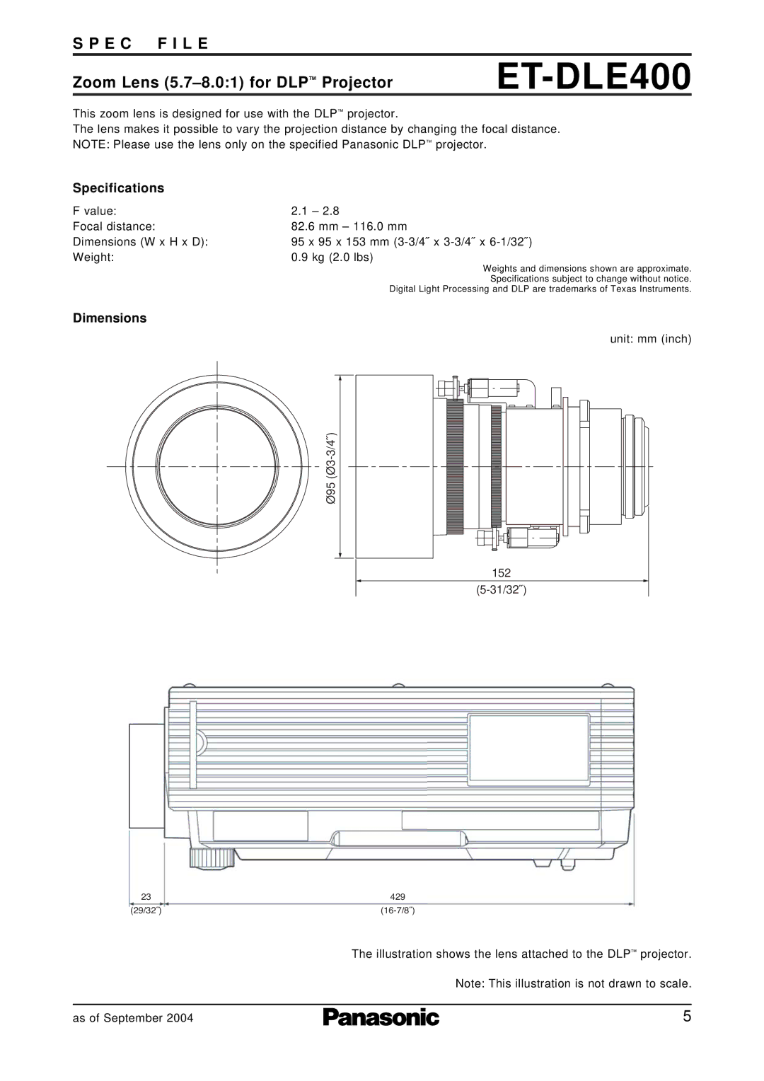 Panasonic ET-DLE050 specifications ET-DLE400, Ø95 Ø3-3/4˝ 152 31/32˝ 