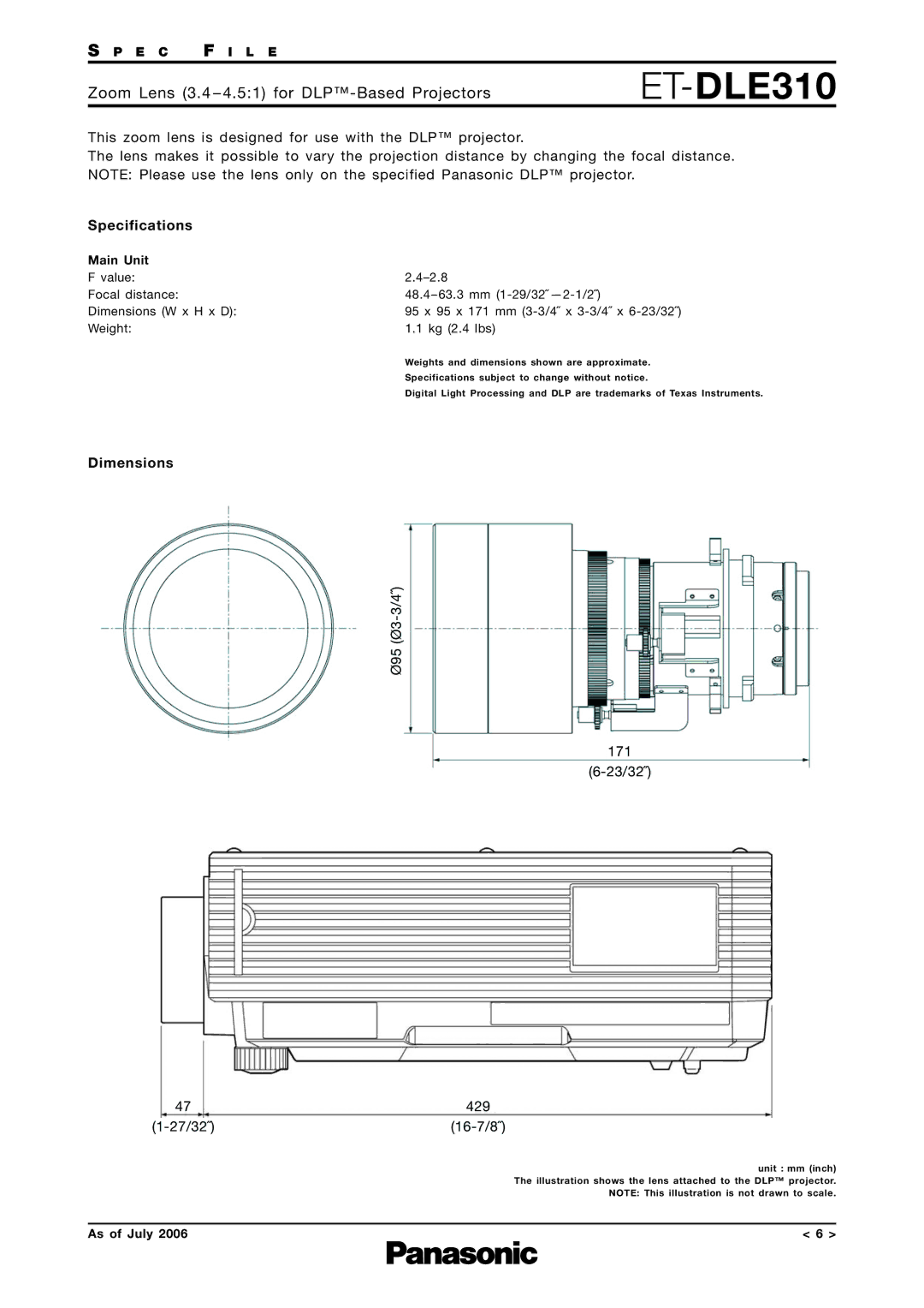 Panasonic ET-DLE050 specifications ET-DLE310, Specifications 