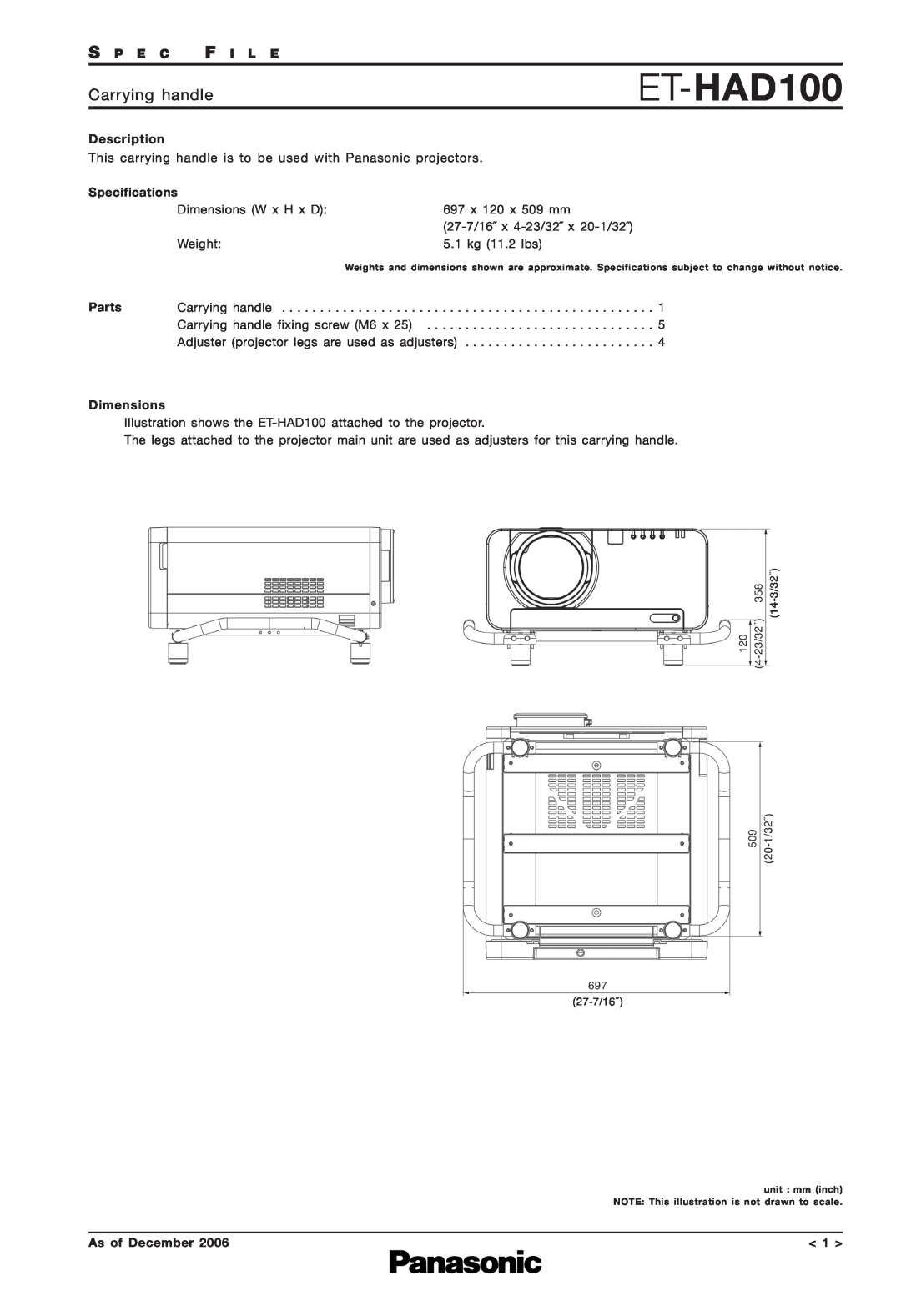 Panasonic ET-HAD100 specifications Carrying handle, S P E C F I L E, Description, Specifications, Parts, Dimensions 