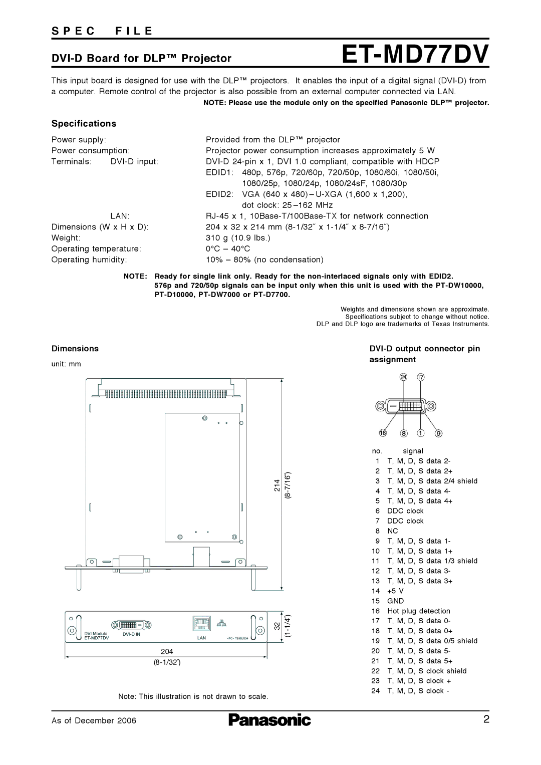 Panasonic ET-MD77NT specifications ET-MD77DV, DVI-D output connector pin assignment 