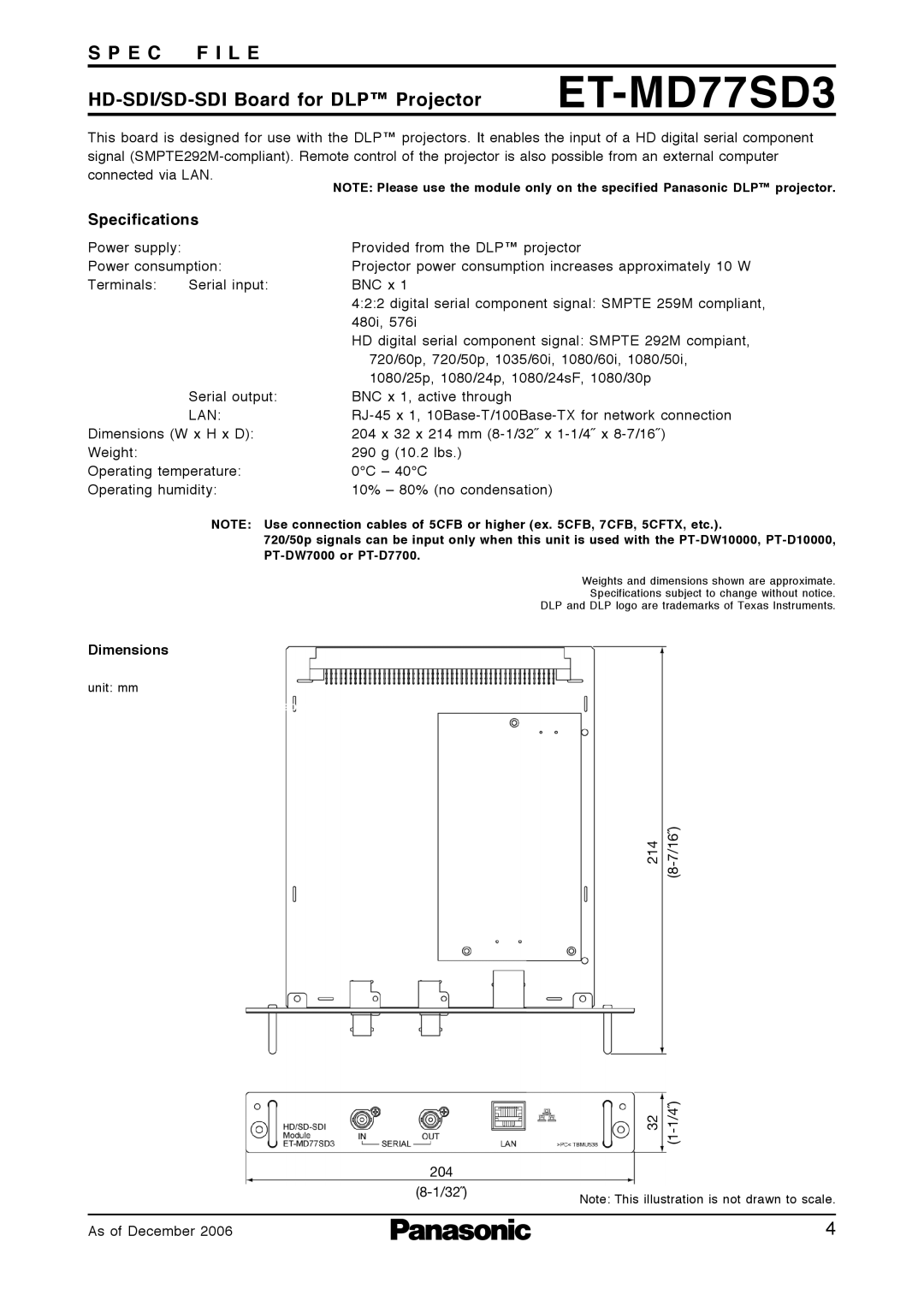 Panasonic ET-MD77NT specifications HD-SDI/SD-SDI Board for DLP Projector ET-MD77SD3 