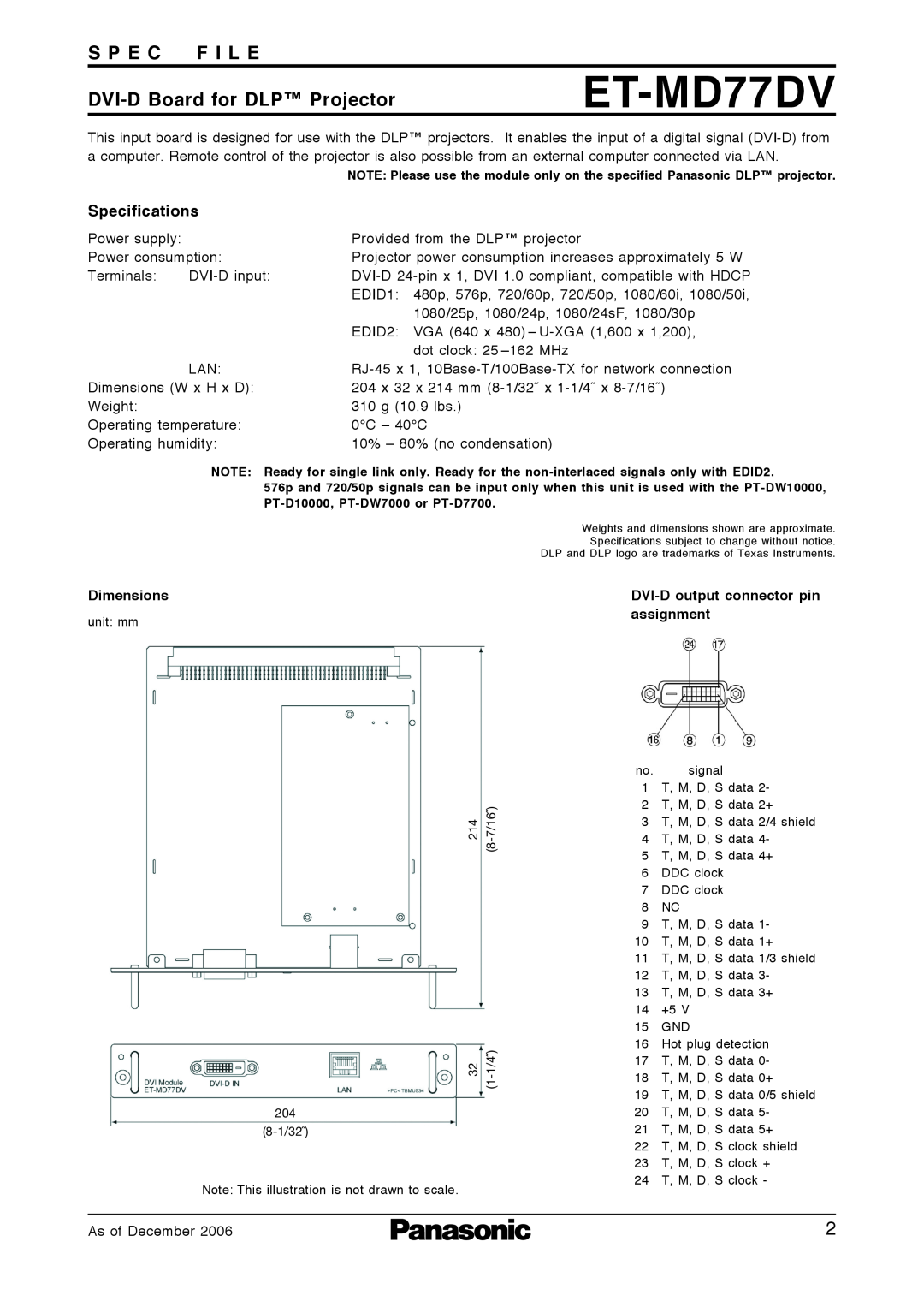 Panasonic ET-MD77NT ET-MD77DV, DVI-D Board for DLP Projector, Dimensions, DVI-D output connector pin assignment 