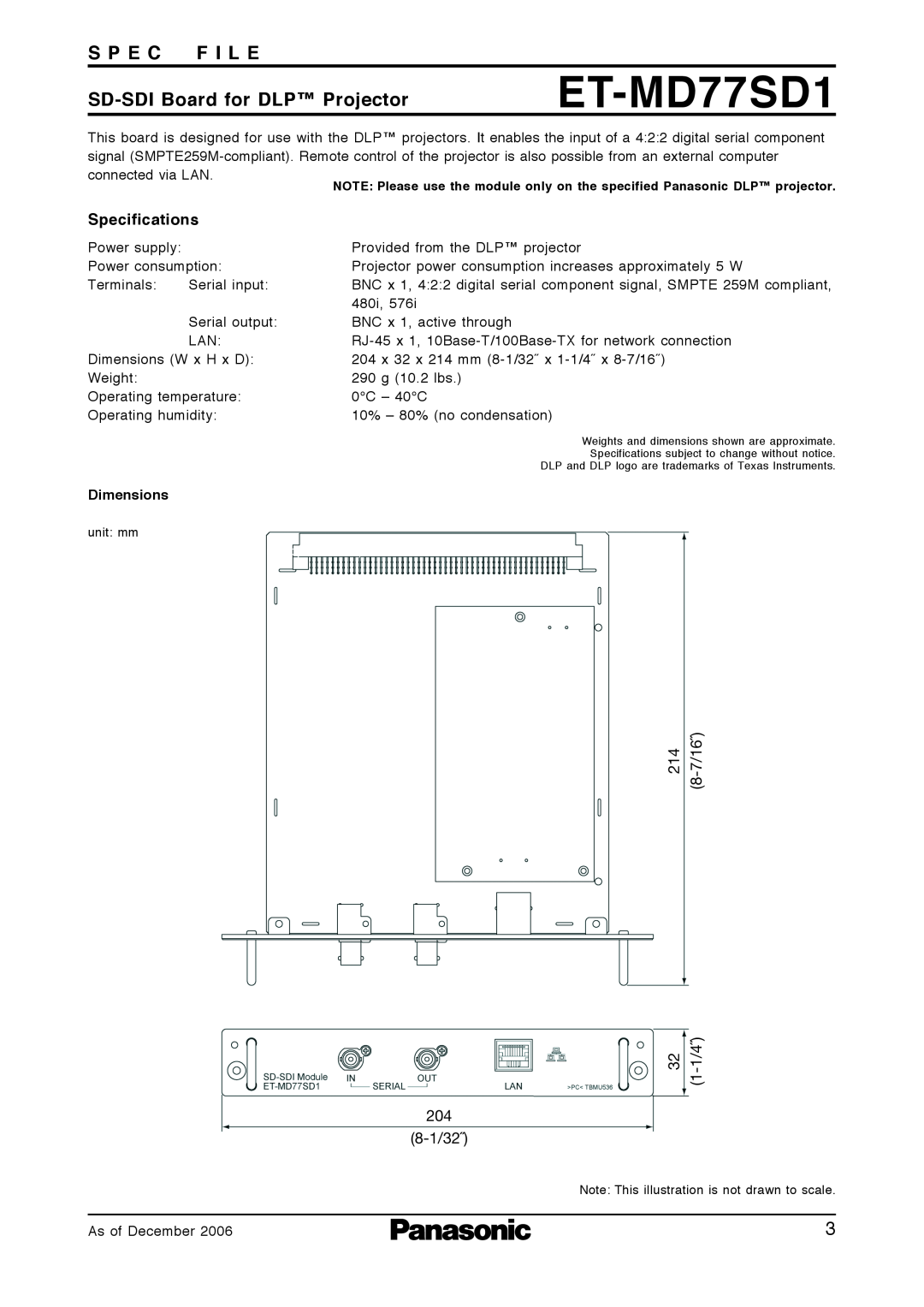 Panasonic ET-MD77NT ET-MD77SD1, SD-SDI Board for DLP Projector, S P E C F I L E, Specifications, 7/16˝, 1/4˝, 204 8-1/32˝ 