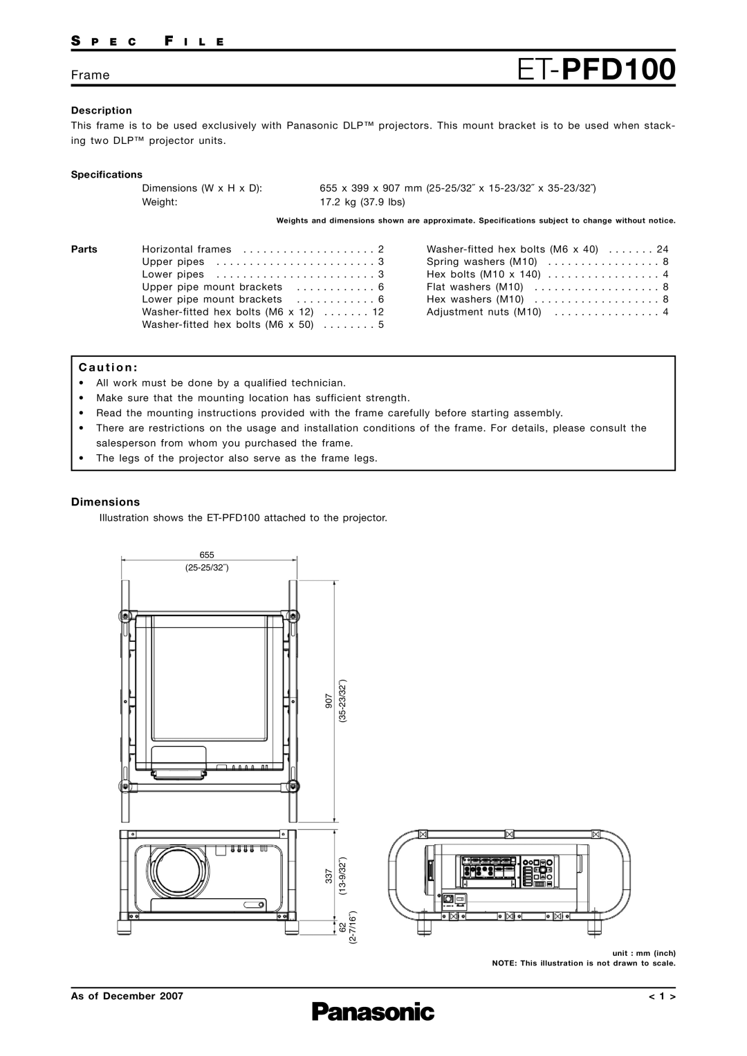 Panasonic ET-PFD100 dimensions Frame, C a u t i o n, Dimensions, S P E C F I L E, Description, Specifications, Parts 