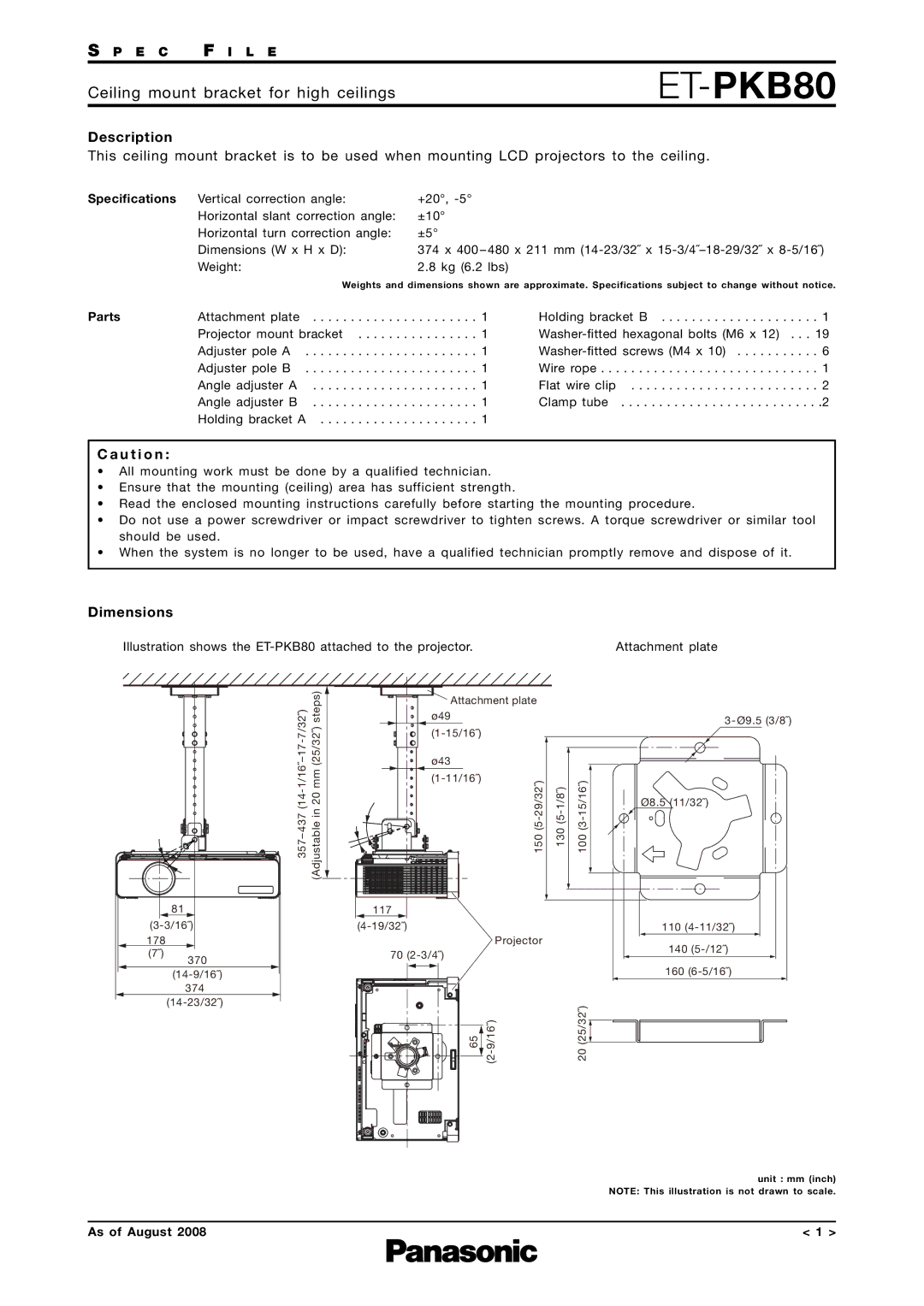 Panasonic ET-PKB80 dimensions Description, U t i o n, Dimensions 