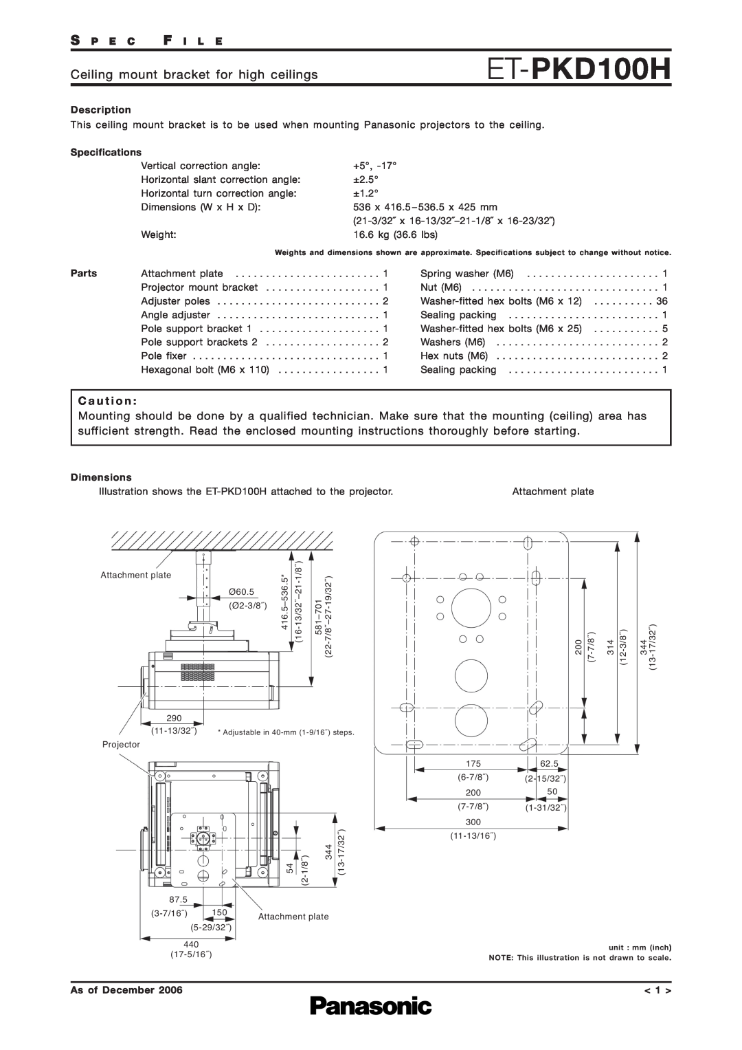 Panasonic ET-PKD100H specifications Ceiling mount bracket for high ceilings, C a u t i o n, S P E C F I L E, Description 