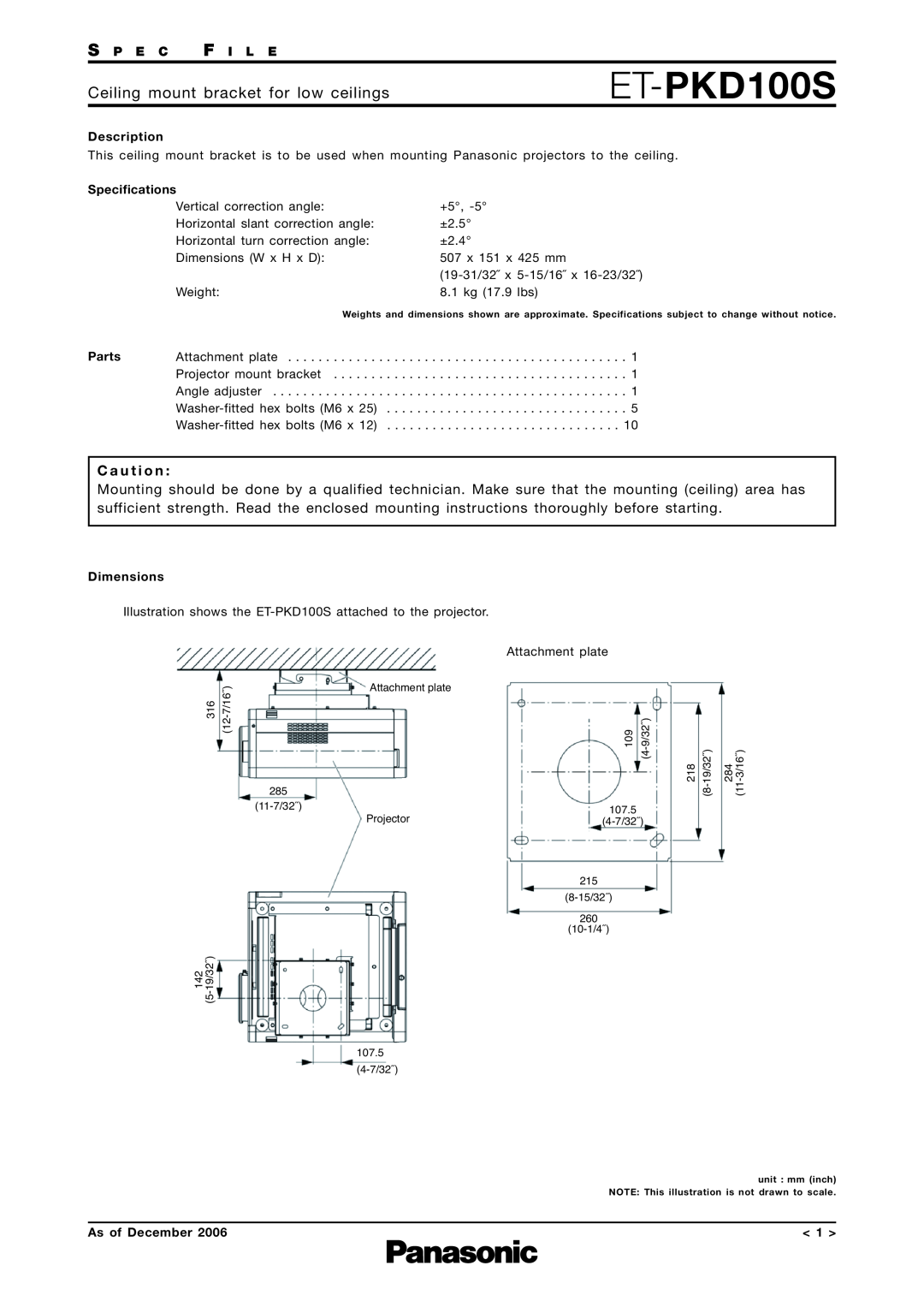 Panasonic ET-PKD100S specifications Ceiling mount bracket for low ceilings, C a u t i o n, S P E C F I L E, Description 
