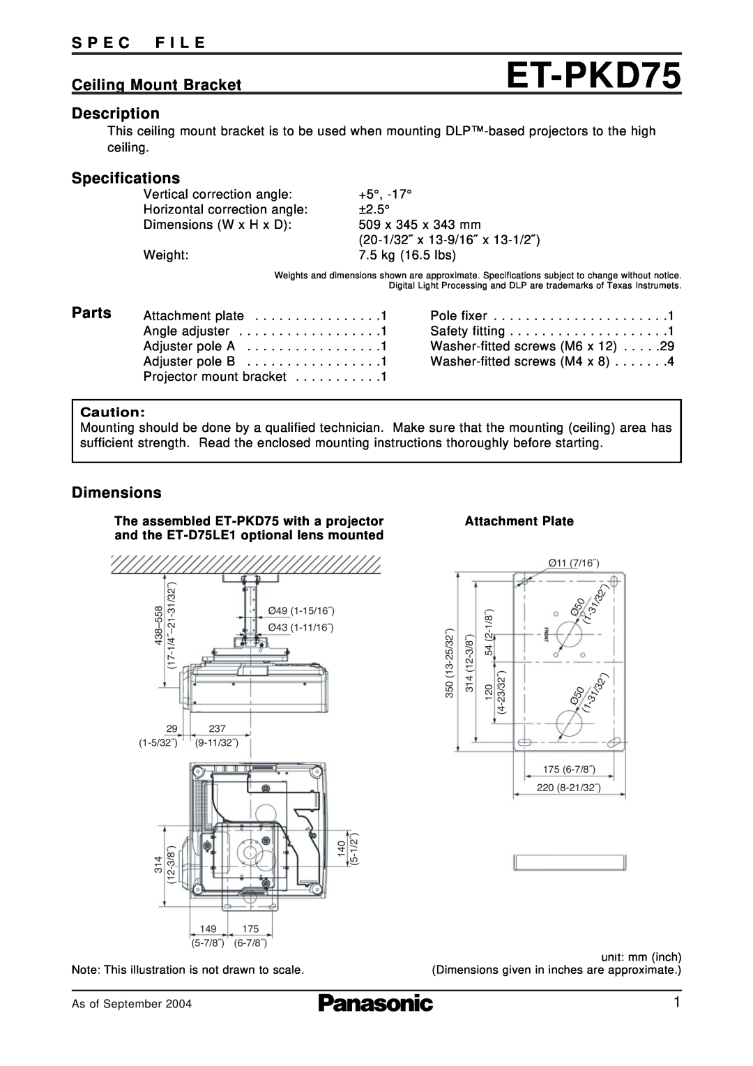 Panasonic ET-PKD75 specifications S P E C F I L E, Ceiling Mount Bracket, Description, Specifications, Parts, Dimensions 