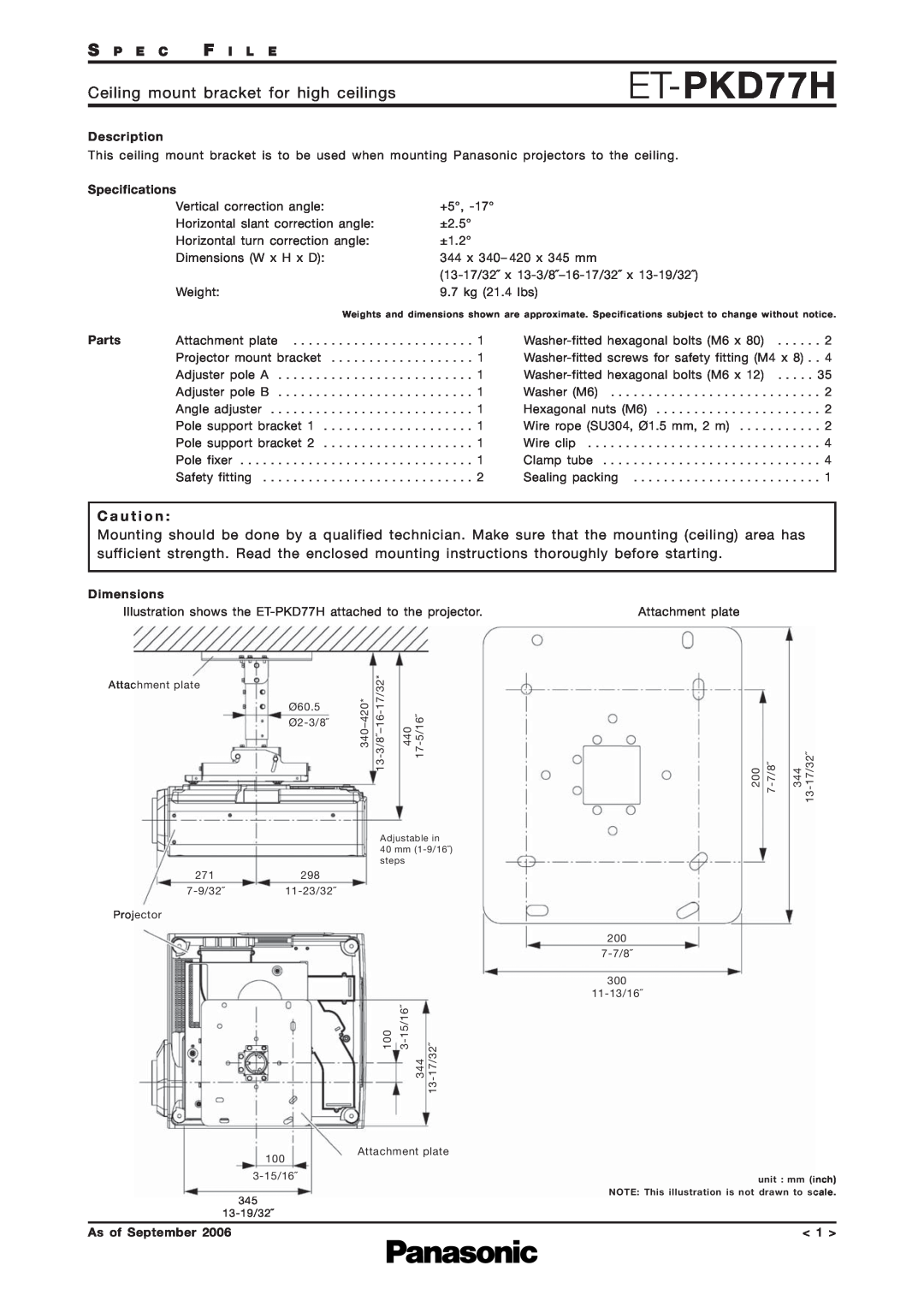 Panasonic ET-PKD77H specifications Ceiling mount bracket for high ceilings, C a u t i o n, S P E C F I L E, Description 