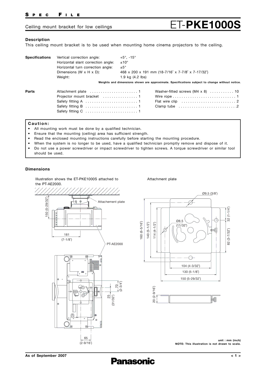 Panasonic ET-PKE1000S dimensions Description, U t i o n, Dimensions 