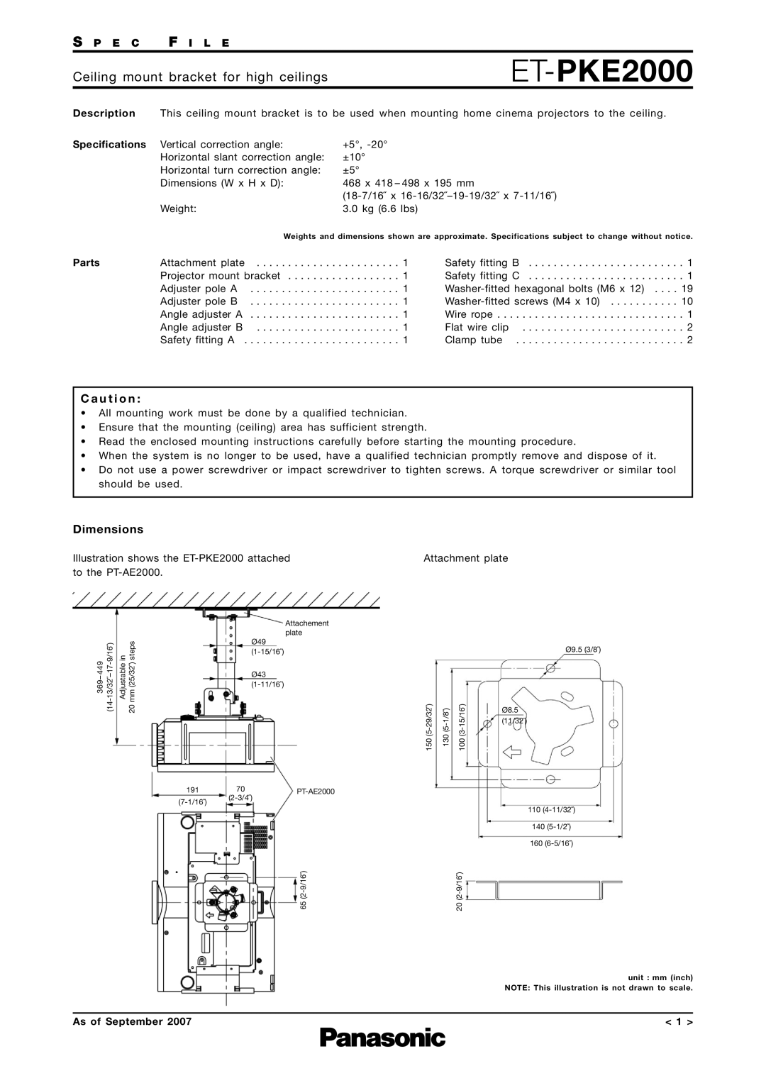 Panasonic ET-PKE2000 dimensions U t i o n, Dimensions, Parts, As of September 