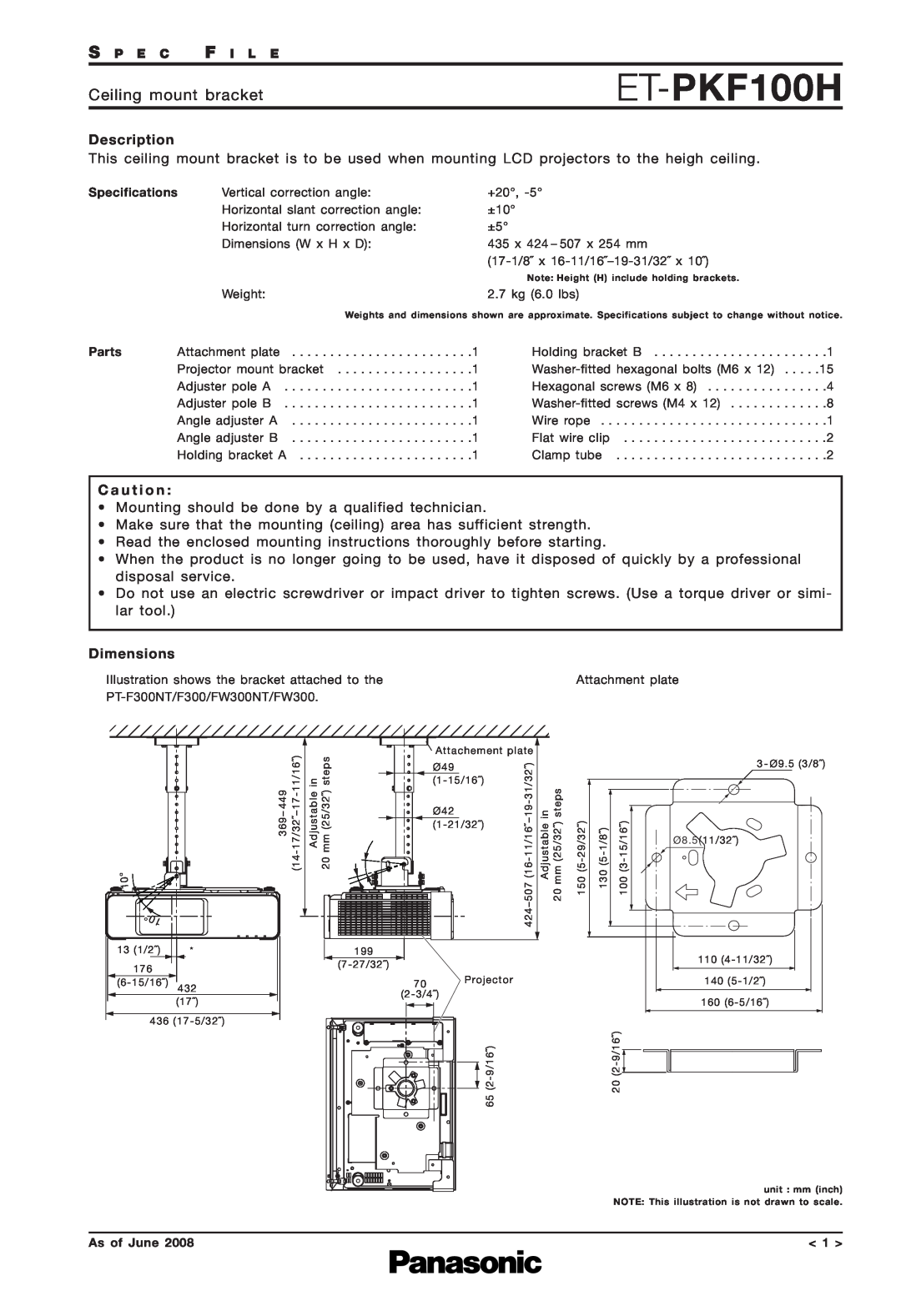 Panasonic ET-PKF100H dimensions Ceiling mount bracket, Description, C a u t i o n, Dimensions 