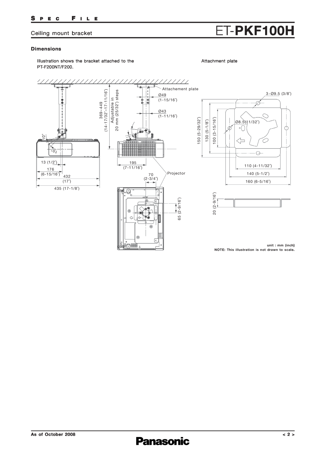 Panasonic ET-PKF100H dimensions Ceiling mount bracket, Dimensions, S P E C F I L E, As of October 