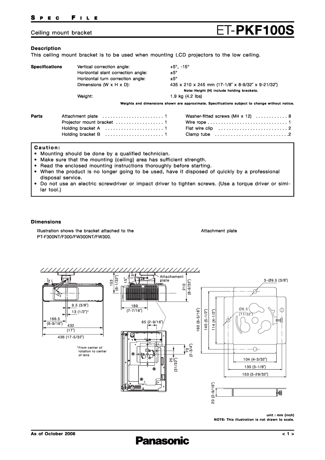 Panasonic ET-PKF100S dimensions Ceiling mount bracket, Description, C a u t i o n, Dimensions 