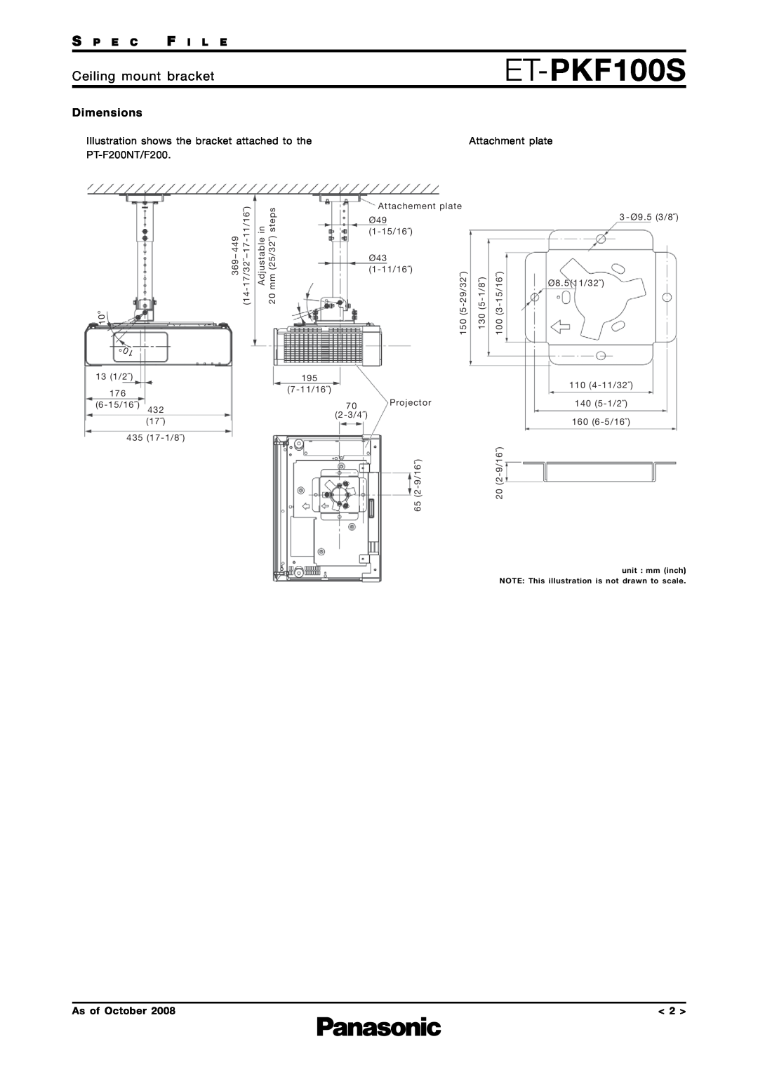 Panasonic ET-PKF100S dimensions Ceiling mount bracket, Dimensions, S P E C F I L E, As of October 