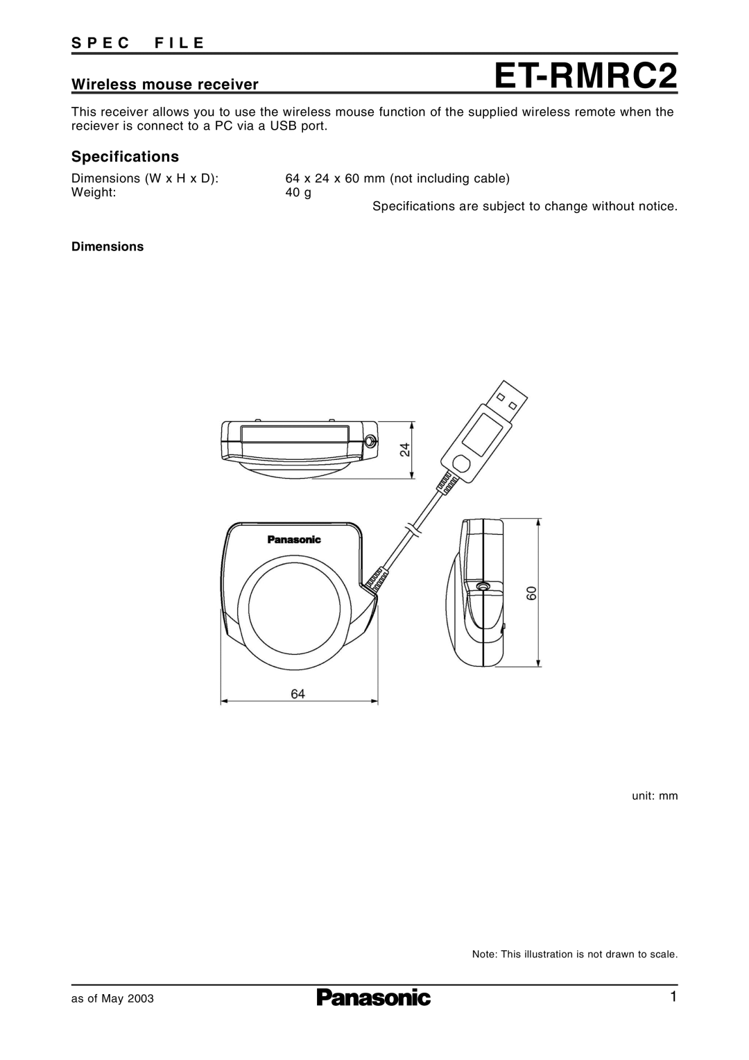 Panasonic ET-RMRC2 specifications Wireless mouse receiver, Specifications 