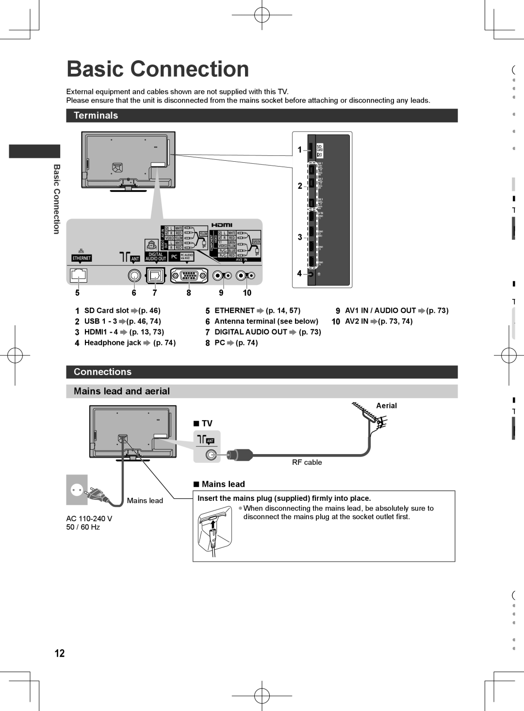 Panasonic ET5M series, ET5T series, ET5K series manual Basic Connection, Terminals, Connections, Mains lead and aerial 