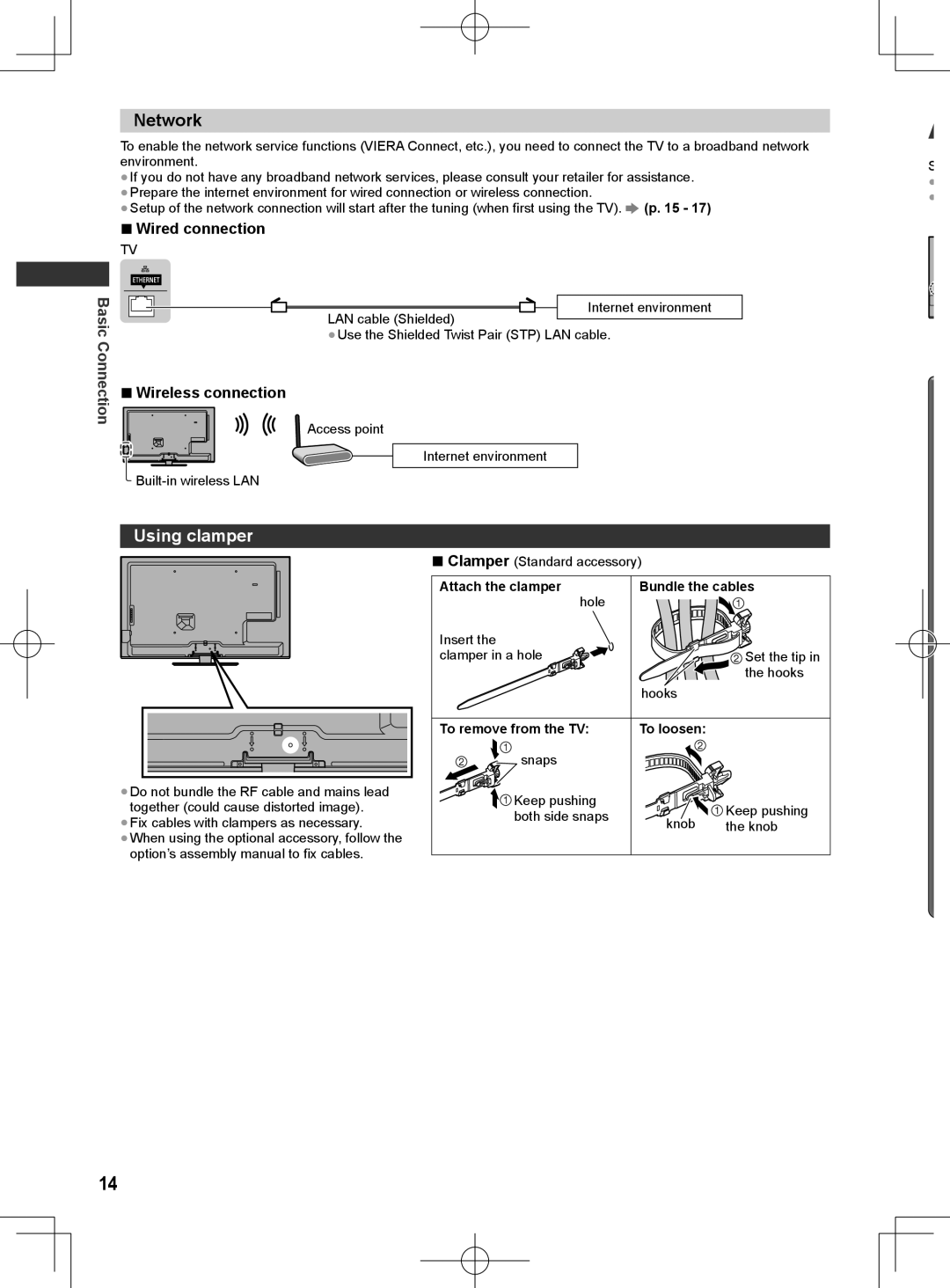 Panasonic ET5K series, ET5M series manual Network, Using clamper, Wired connection, Attach the clamper Bundle the cables 