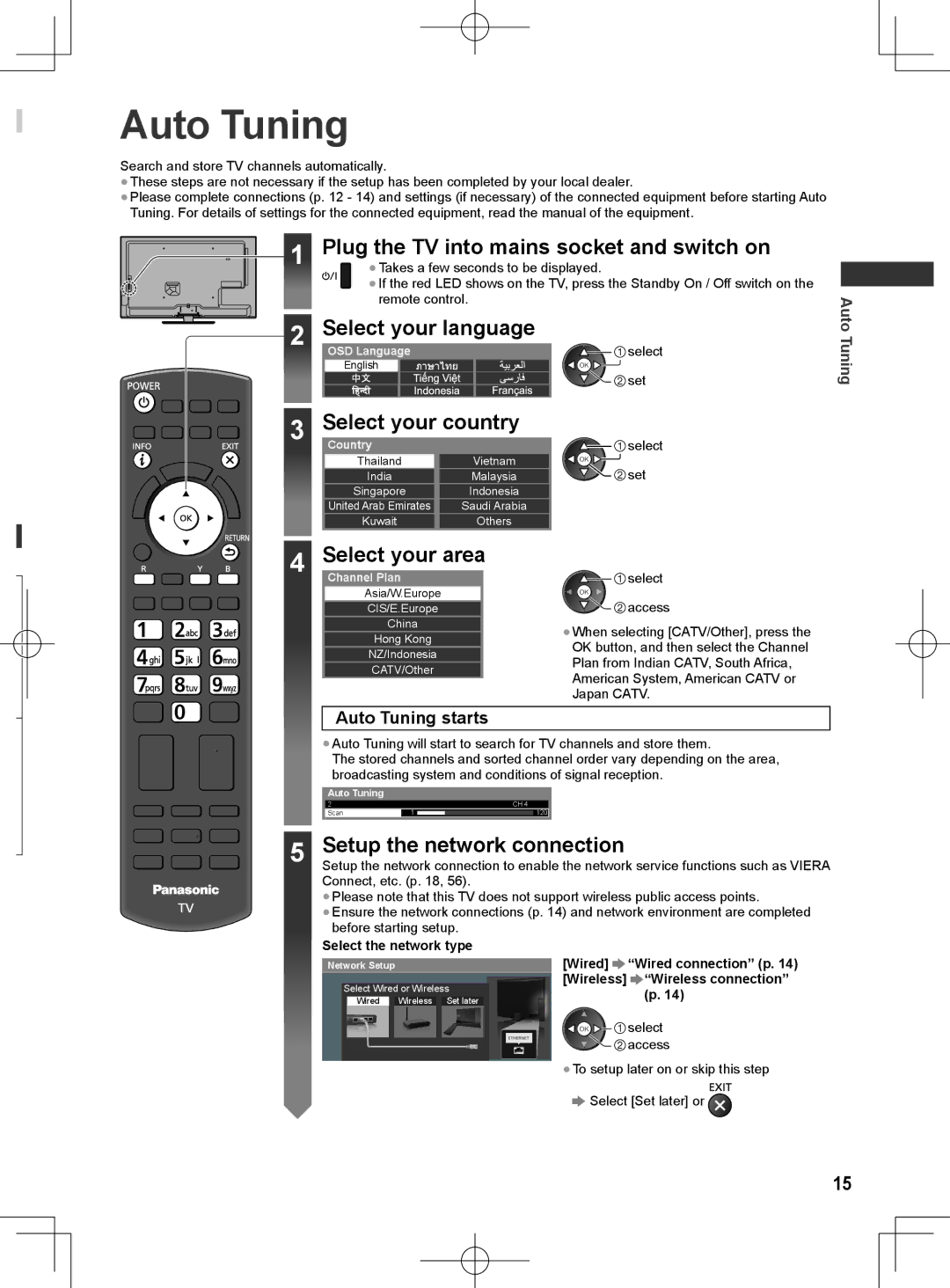 Panasonic ET5M series, ET5T series Auto Tuning, Plug the TV into mains socket and switch on, SelectCountry your country 