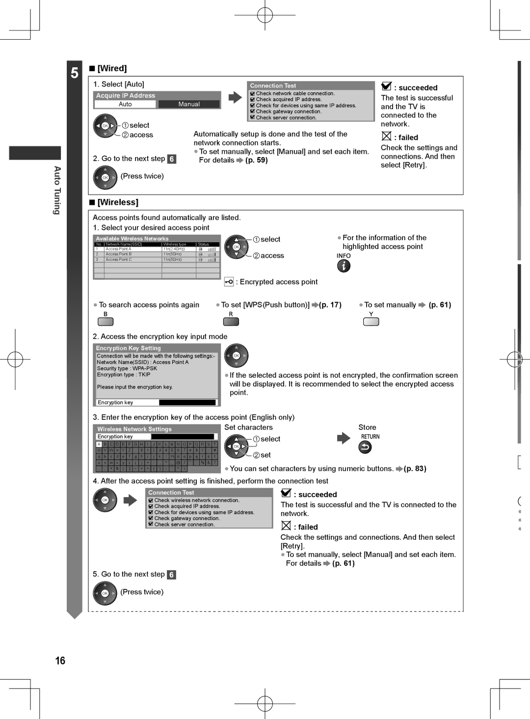 Panasonic ET5T series, ET5M series, ET5K series manual Wired, Auto, Wireless, Succeeded, Failed 