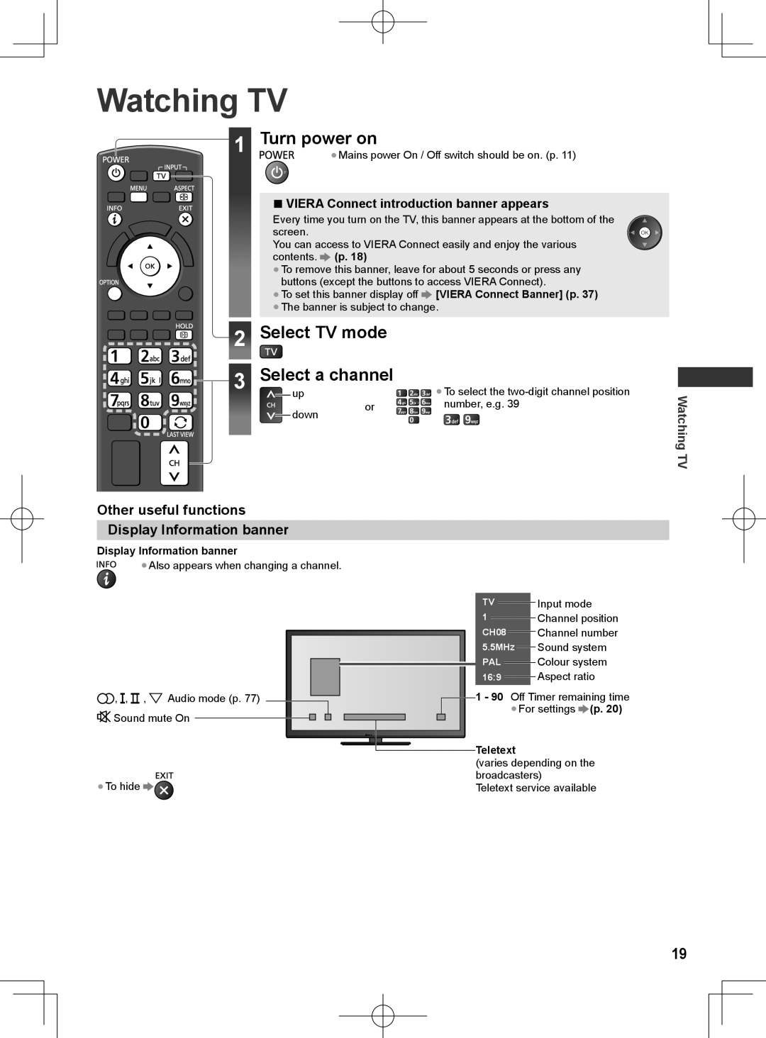 Panasonic ET5T series Watching TV, Select TV mode Select a channel, Other useful functions, Display Information banner 