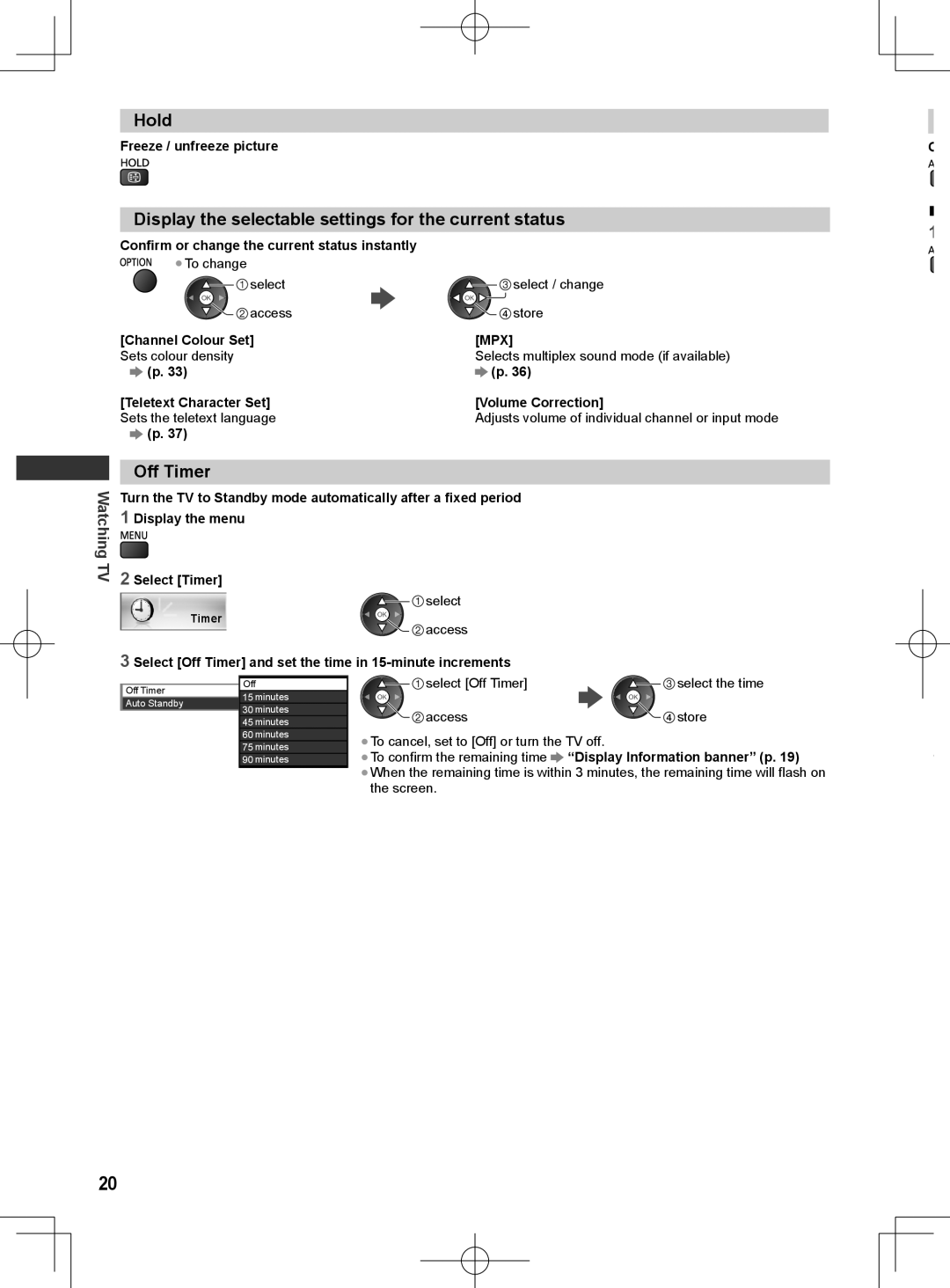 Panasonic ET5K series, ET5M series, ET5T series Hold, Display the selectable settings for the current status, Off Timer 