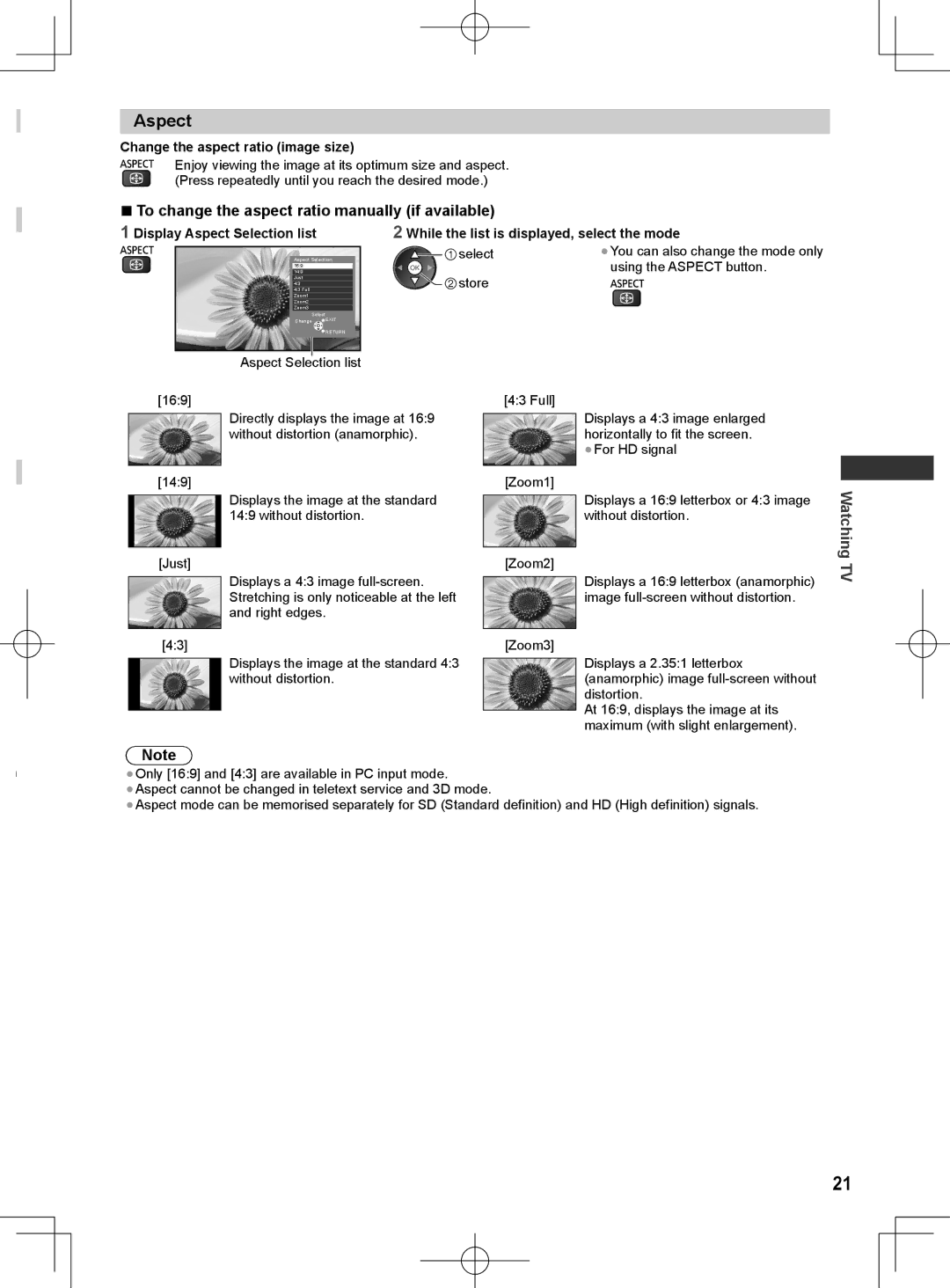 Panasonic ET5M series Aspect, To change the aspect ratio manually if available, Change the aspect ratio image size 