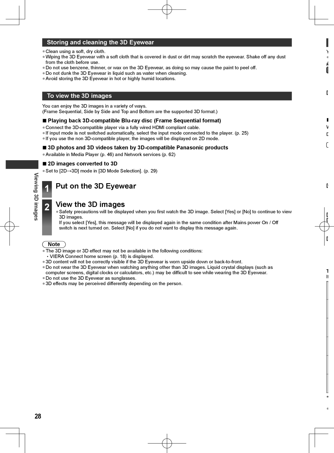 Panasonic ET5T series, ET5M series manual Put on the 3D Eyewear, View the 3D images, Storing and cleaning the 3D Eyewear 