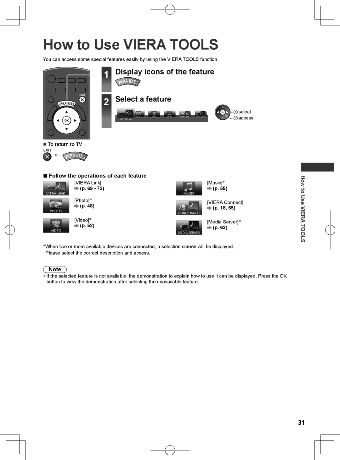 Panasonic ET5T series, ET5M series, ET5K series manual How to Use Viera Tools, Display icons of the feature Select a feature 