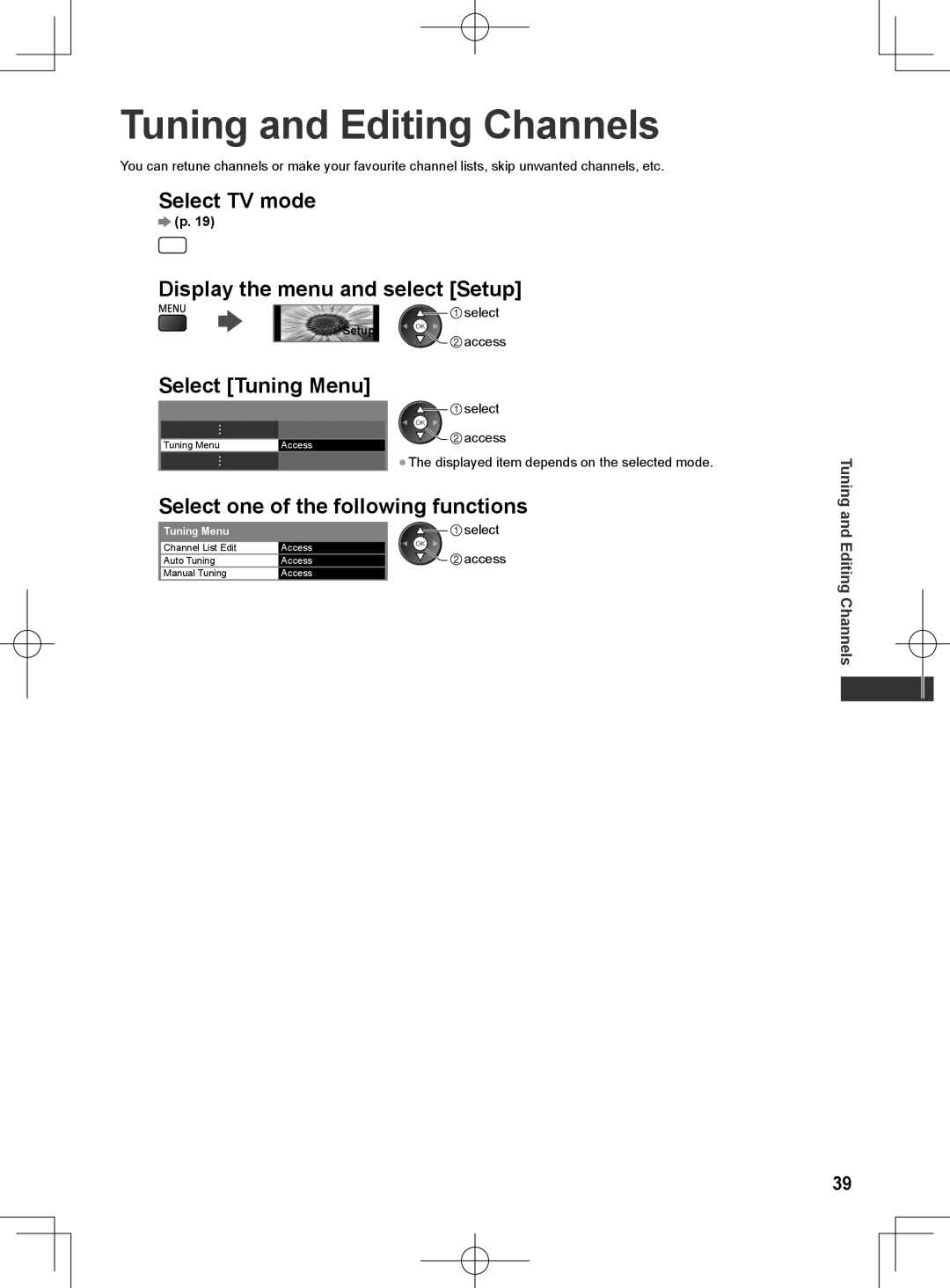 Panasonic ET5M series Tuning and Editing Channels, Select TV mode Display the menu and select Setup, Select Tuning Menu 