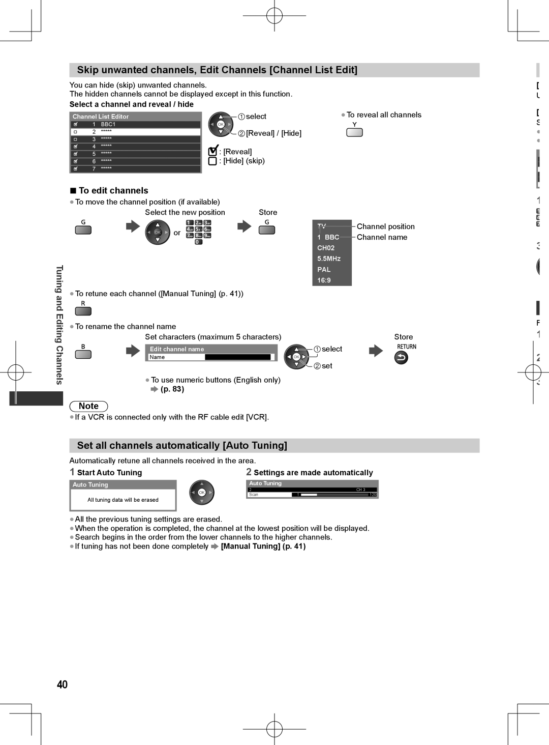 Panasonic ET5T series Skip unwanted channels, Edit Channels Channel List Edit, Set all channels automatically Auto Tuning 