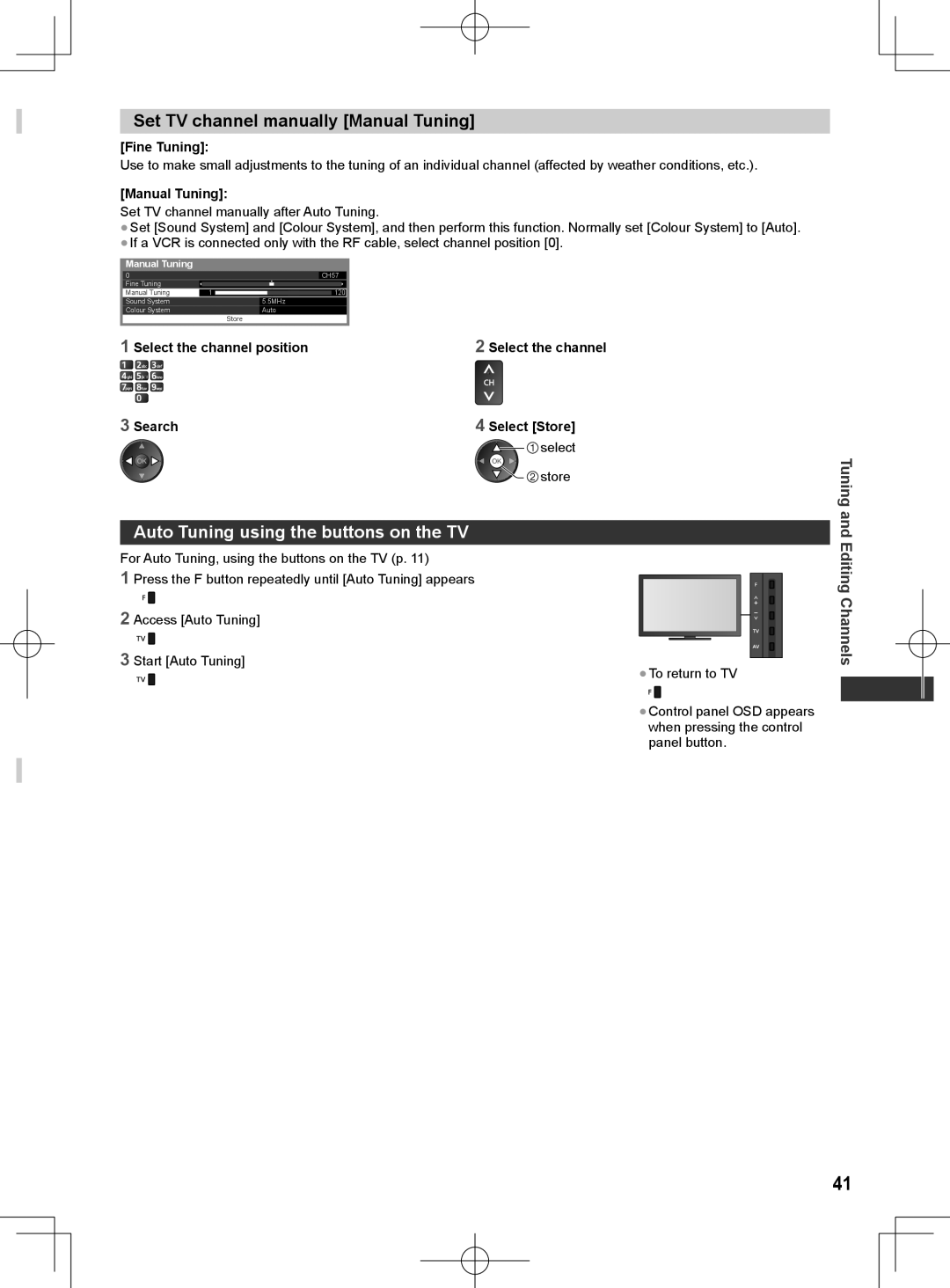 Panasonic ET5K series Set TV channel manually Manual Tuning, Auto Tuning using the buttons on the TV, Fine Tuning 