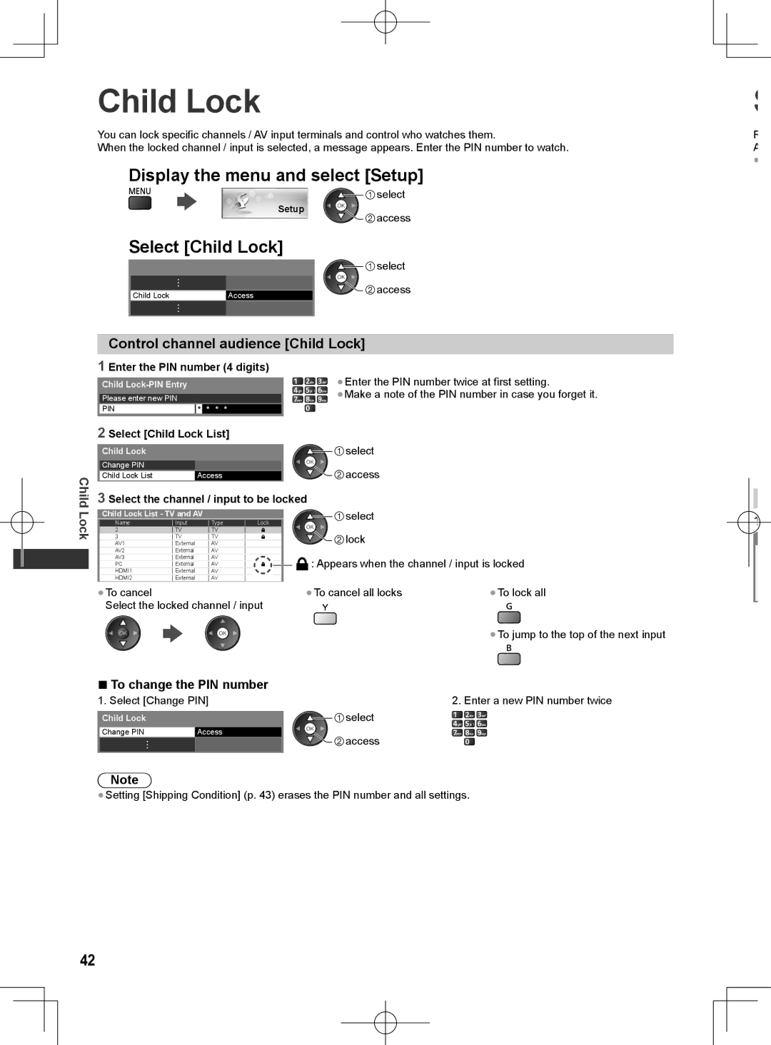 Panasonic ET5M series, ET5T series, ET5K series manual Control channel audience Child Lock, To change the PIN number 