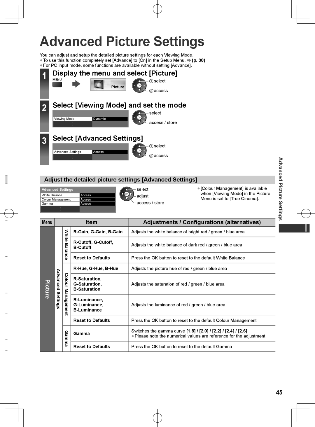 Panasonic ET5M series Advanced Picture Settings, Display the menu and select Picture, Select Viewing Mode and set the mode 