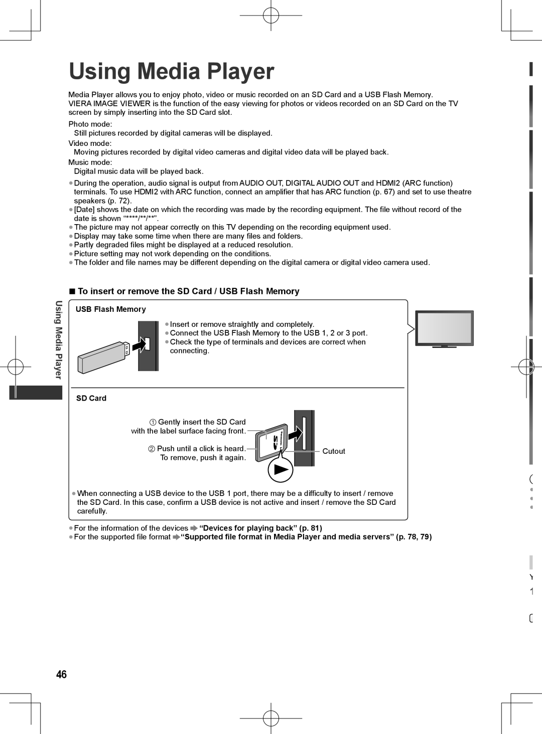 Panasonic ET5T series, ET5M series, ET5K series manual Using Media Player, To insert or remove the SD Card / USB Flash Memory 