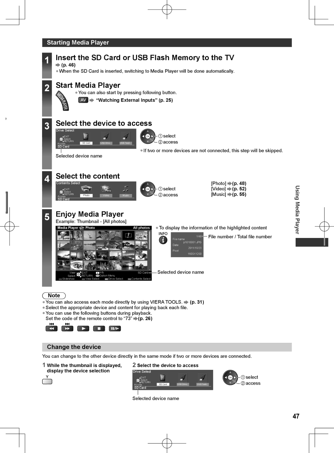 Panasonic ET5K series manual Insert the SD Card or USB Flash Memory to the TV, Start Media Player, Starting Media Player 