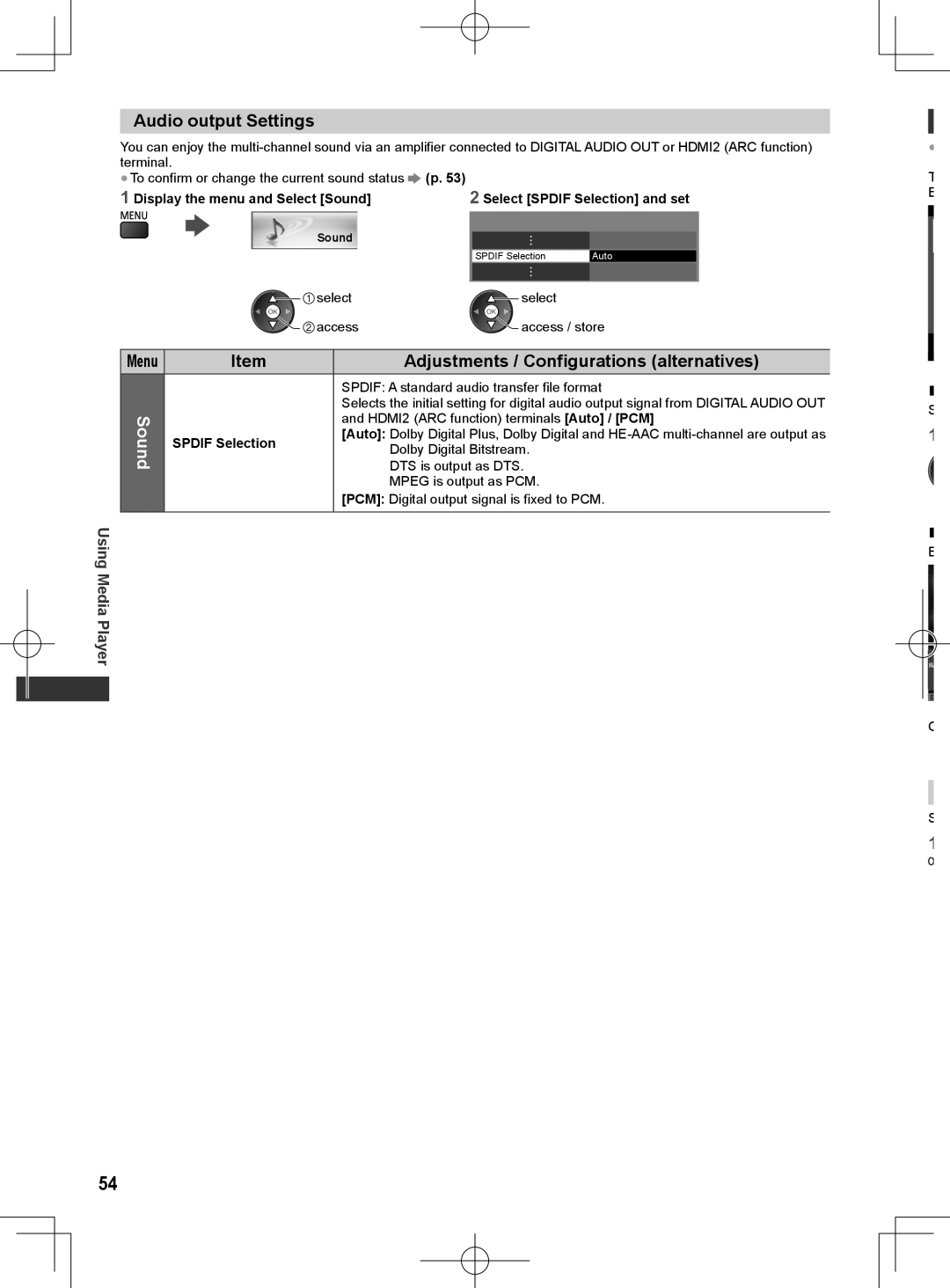 Panasonic ET5M series, ET5T series, ET5K series manual Audio output Settings, Spdif Selection 