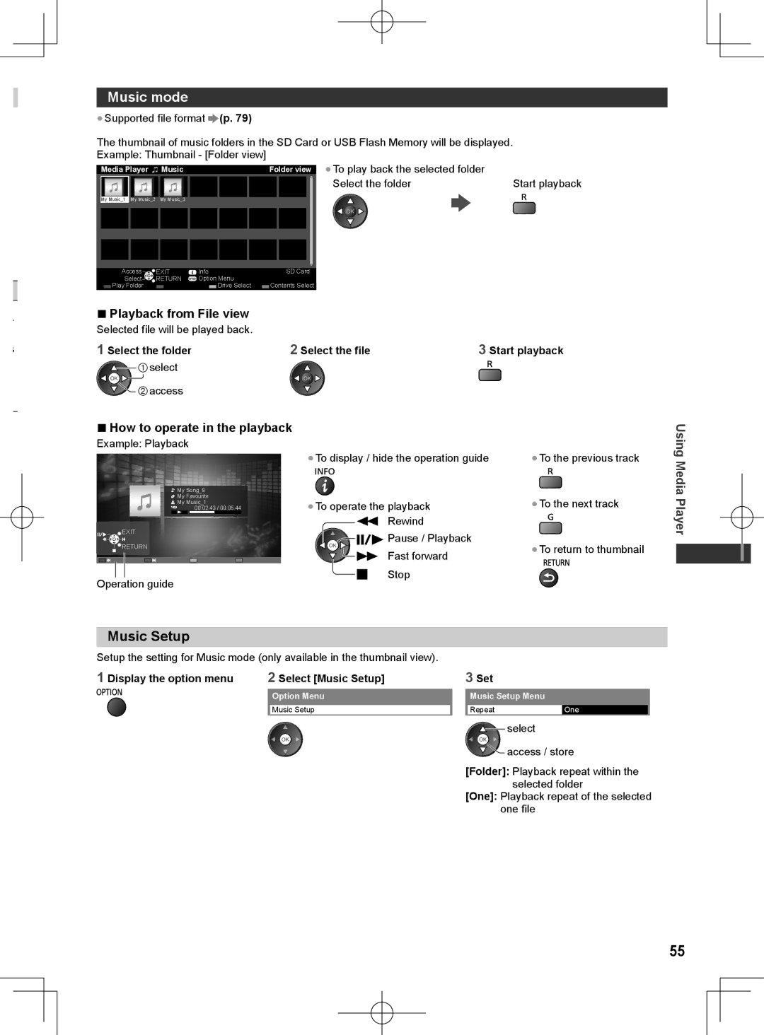 Panasonic ET5T series, ET5M series Music mode, Music Setup, Playback from File view, Select the folder Select the file 