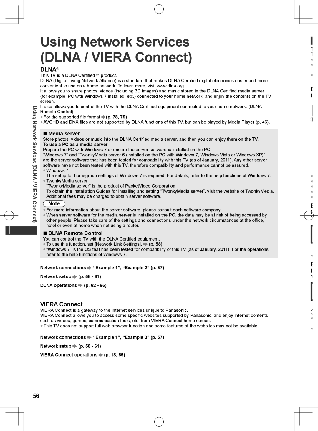 Panasonic ET5K series, ET5M series manual Using Network Services Dlna / Viera Connect, Media server, Dlna Remote Control 