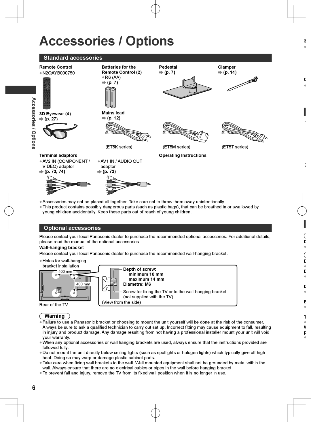 Panasonic ET5M series, ET5T series, ET5K series manual Accessories / Options, Standard accessories, Optional accessories 