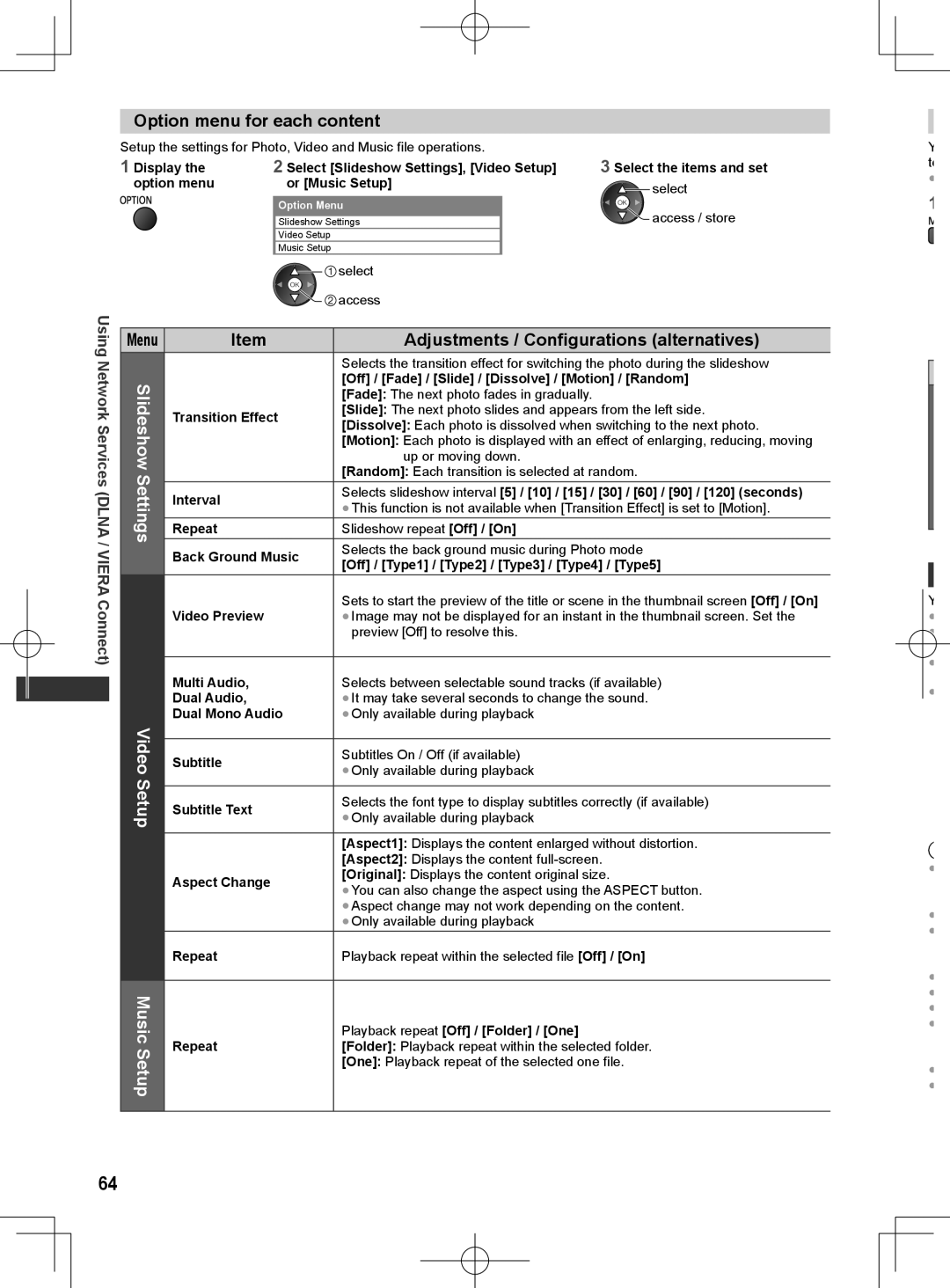 Panasonic ET5T series, ET5M series, ET5K series manual Option menu for each content, Video, Music 