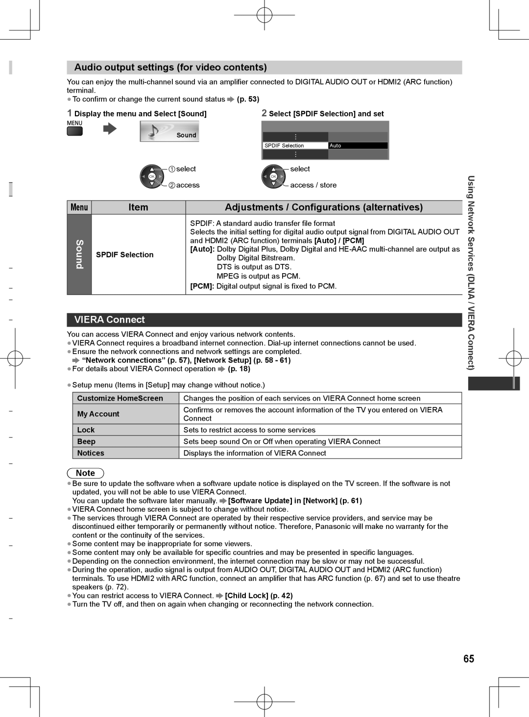 Panasonic ET5K series, ET5M series, ET5T series manual Audio output settings for video contents, Viera Connect 