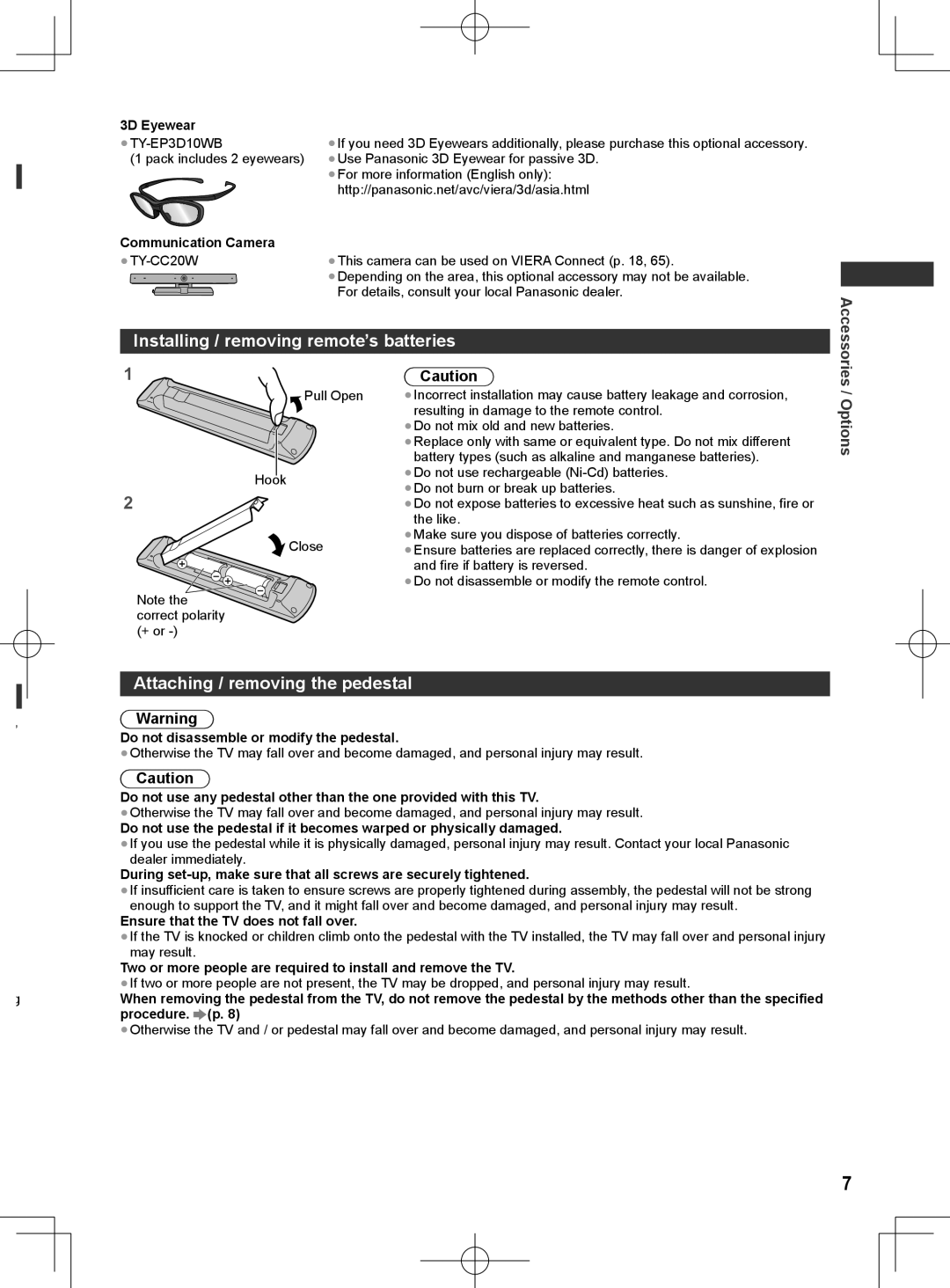 Panasonic ET5T series, ET5M series Installing / removing remote’s batteries, Attaching / removing the pedestal, Options 