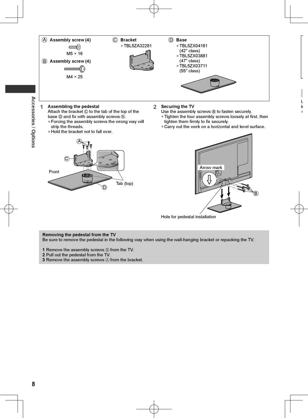 Panasonic ET5K series, ET5M series, ET5T series manual Assembly screw Bracket Base, Assembling the pedestal Securing the TV 