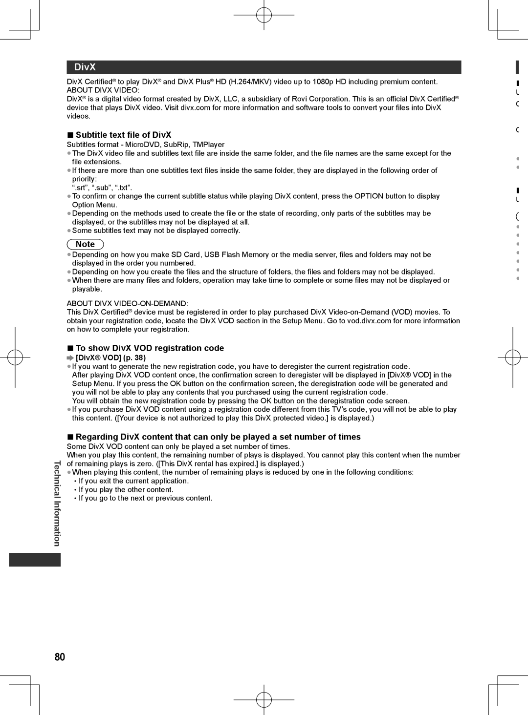 Panasonic ET5K series, ET5M series manual Subtitle text file of DivX, To show DivX VOD registration code, DivX VOD p 