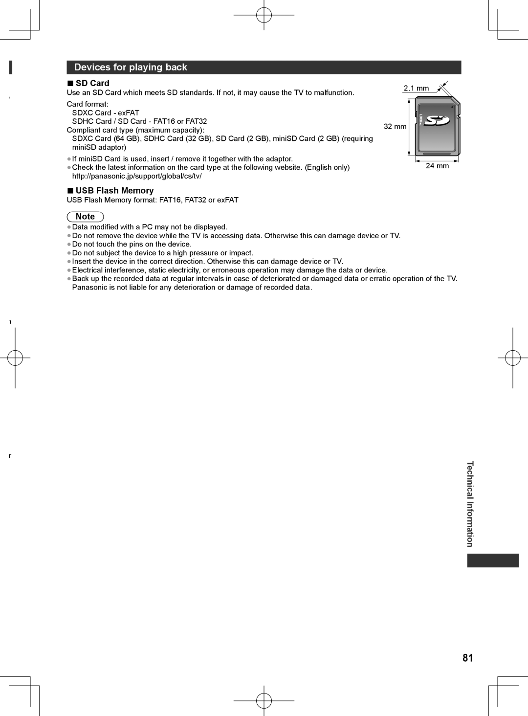 Panasonic ET5M series, ET5T series, ET5K series manual Devices for playing back, SD Card, USB Flash Memory 